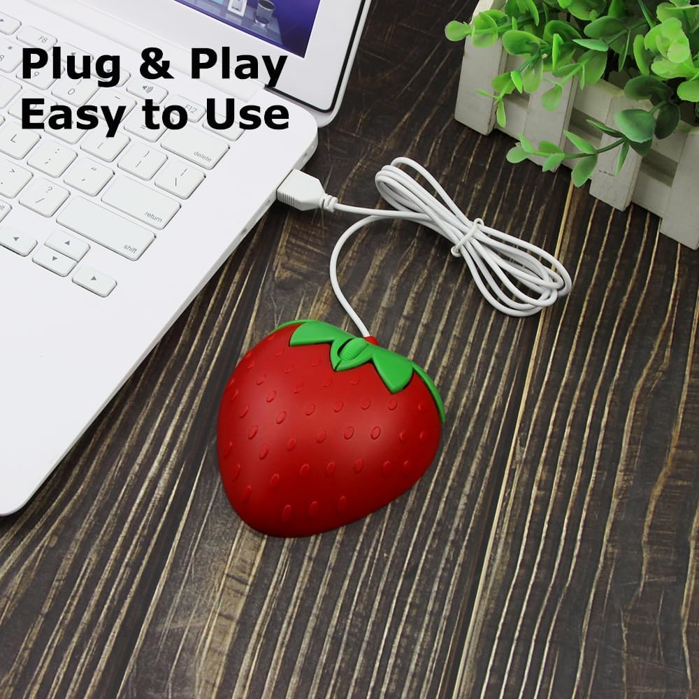 SHARE SUNSHINE Wired Mouse Cute Red Fruit Strawberry Shape Mice, Silent Portable Lightweight USB Girly Optical Corded