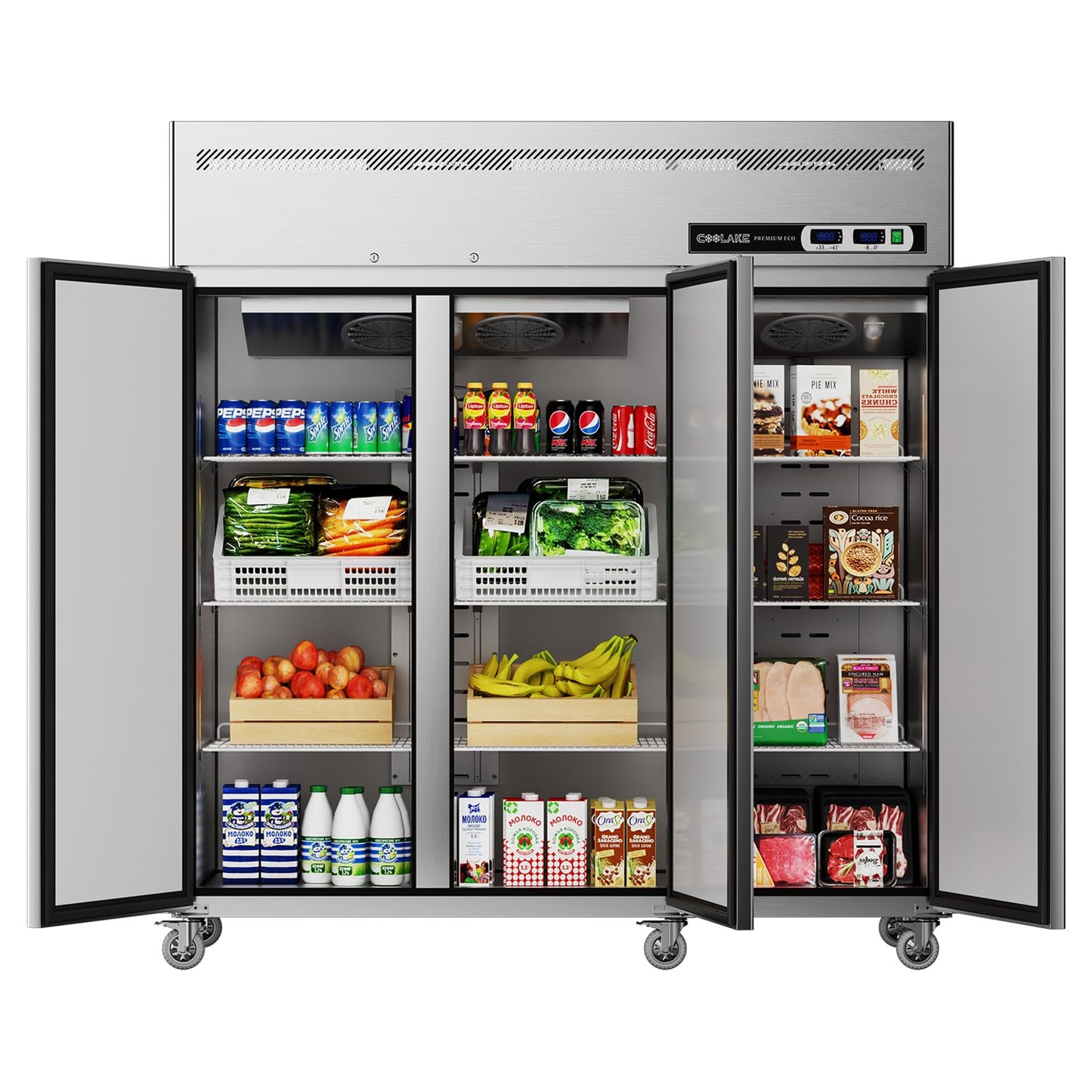 Coolake Commercial Freezer Refrigerator Combo, 72” W 54 Cu.ft Upright Freezer, 3 Door Stainless Steel, Air-Cooled System Reach in Freezer for Restaurant, Bar, Kitchen, Garage, School, Church
