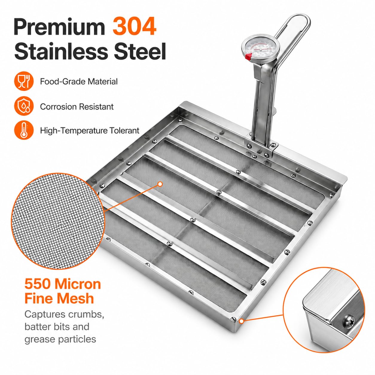 KGEWN Commercial Deep Fryer Oil Filter Strainer with Thermometer, 13.75 x 13.75 Inch 304 Stainless Steel 550 Micron Fryer Filter Screen, Heavy Duty Square Frying Oil Filter Tray for Restaurant Kitchen