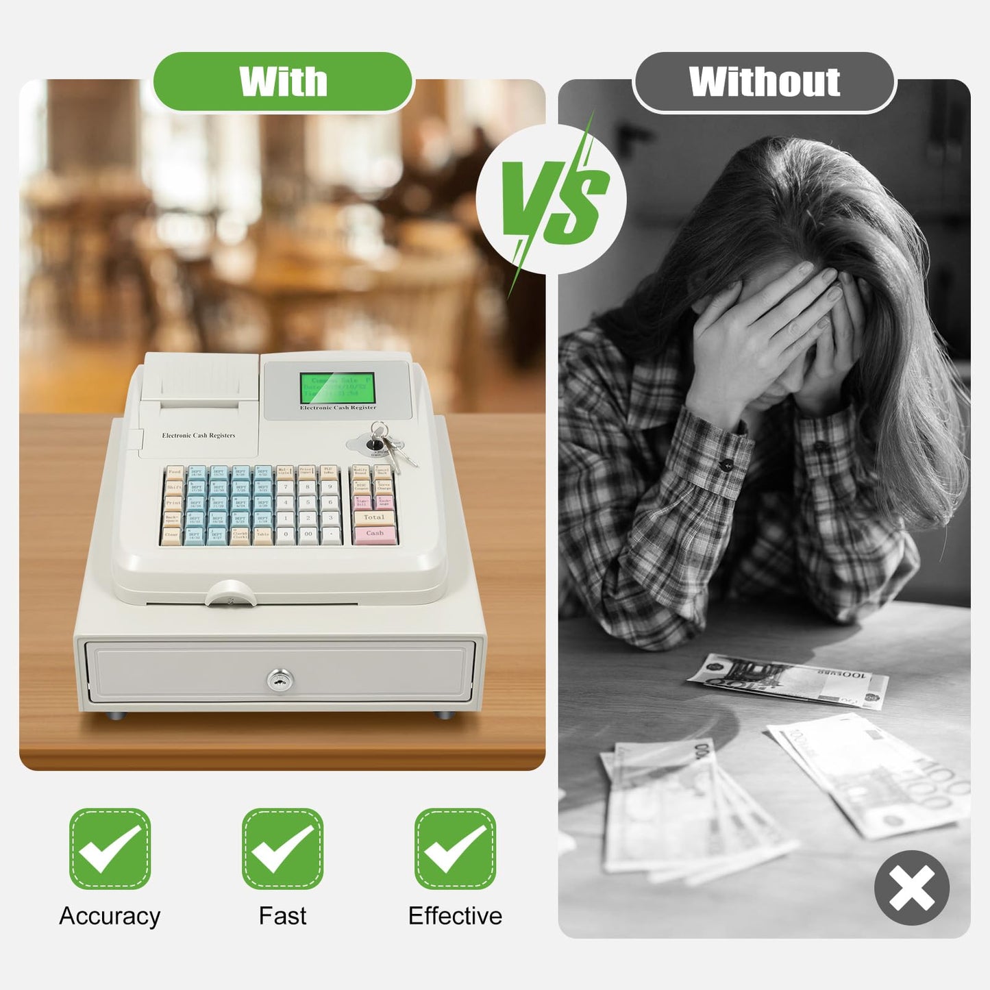 48-Key Electronic Cash Register, 8-Digit LED Display Thermal Receipt Printing Cash Registe POS Bill Coins System w/ 4 Bill 5 Coin Cash Tray for Business Retail Restaurant