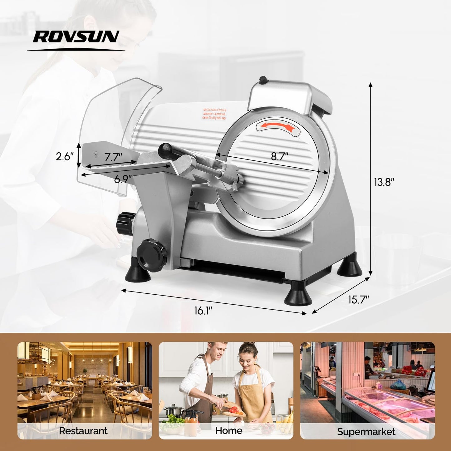 ROVSUN 210W Commercial Meat Slicer, 8 inch Electric Meat Slicer Machine with Adjustable Thickness(0-13mm), Frozen Meat Deli Cheese Food Slicer with Upgraded Carbon Steel Blade for Home and Commercial