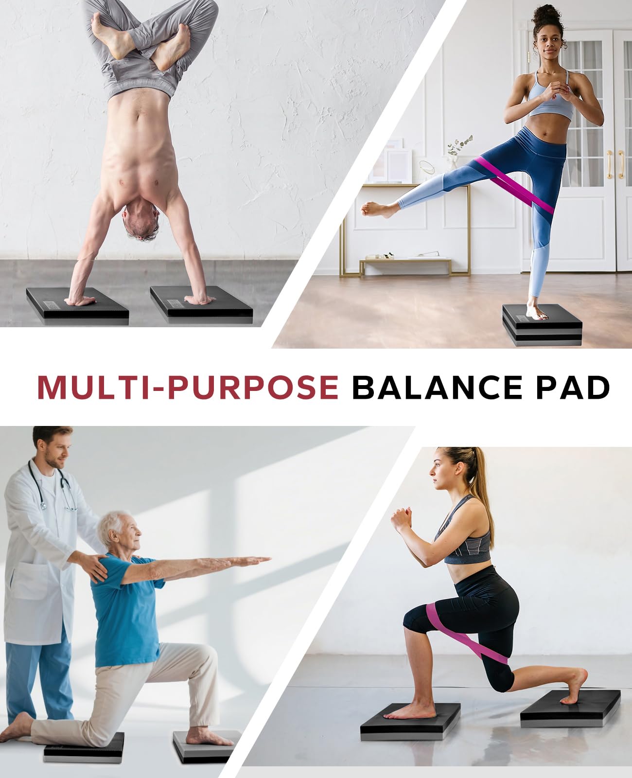 HAPBEAR Exercise Balance Pad 2-Pack - 15"x12" Non-Slip Stability Mats - 2.25" Thick Soft Foam for Adults, Physical Therapy & Core Fitness - Bonus Band Included - Black