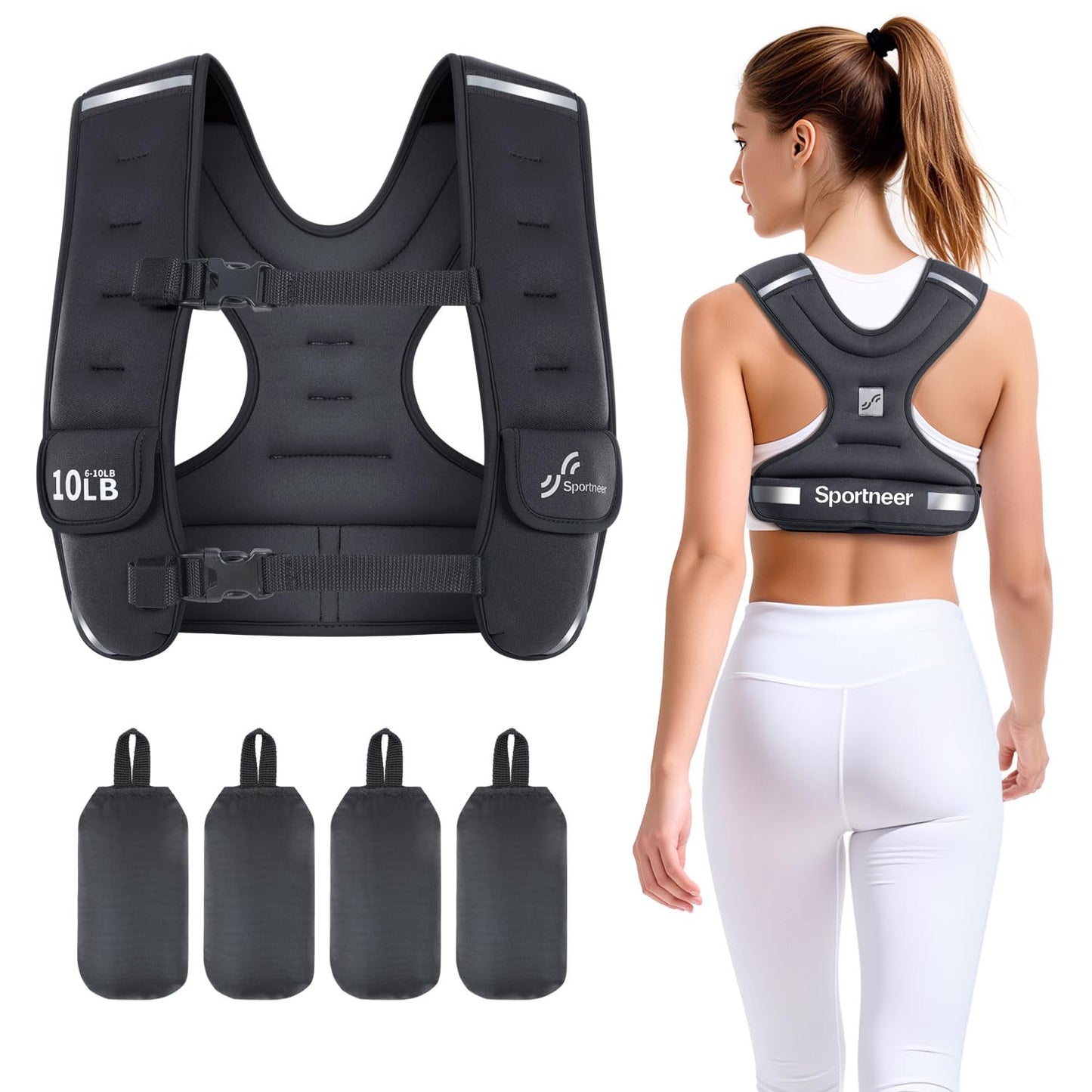 Sportneer Adjustable Weighted Vest Woman: 6-10lb Weighted Walking Vest for Women with 4 Weight Packs Fast Adjust Comfortable Weight Vest for Home Gym Burn Calories Strength Training Vests Black