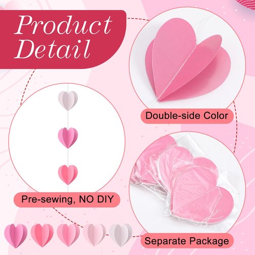 Epakh 12 Pcs Valentines 3D Heart Garland Banners 57ft Hanging Paper Heart Streamers Valentines Wall Decorations Party Decor Supplies for Galentines Wedding Classroom Birthday(Gradient Pink)
