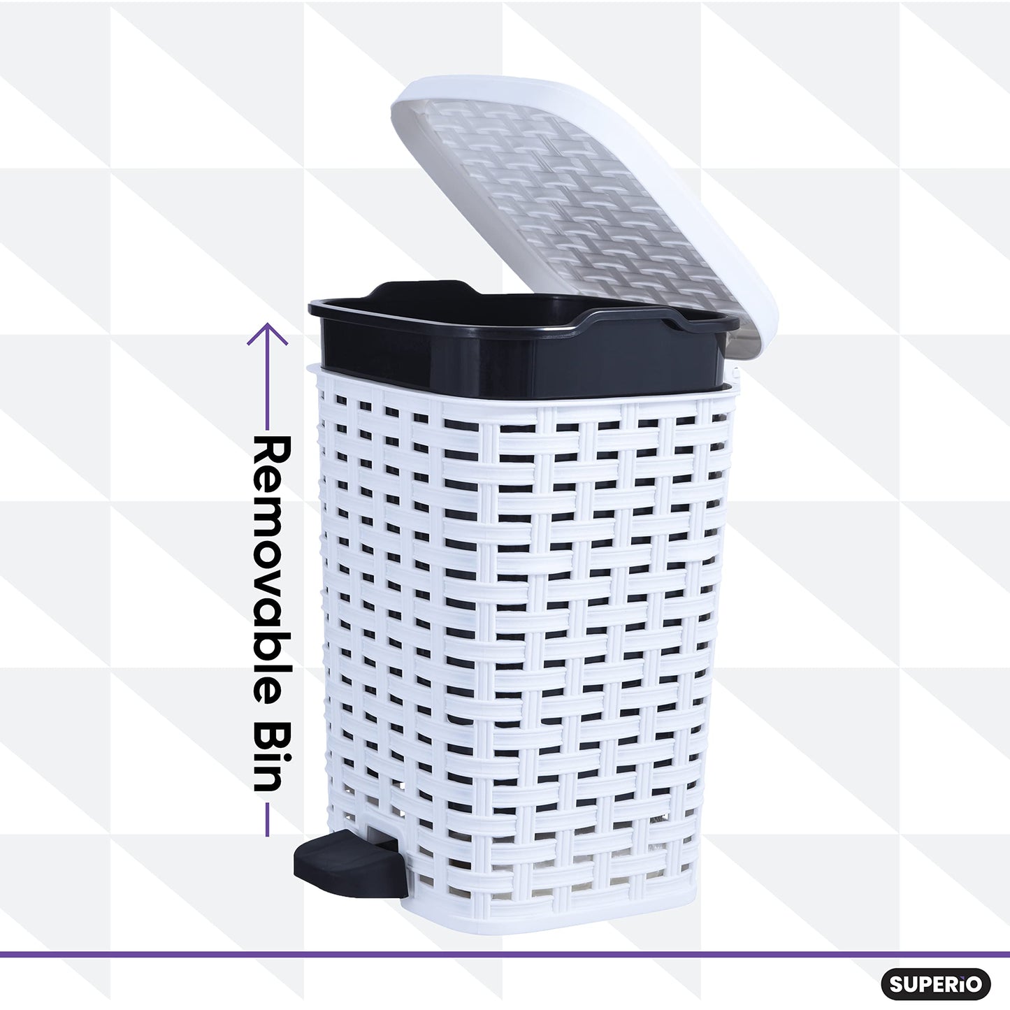 Superio Small Outdoor Trash Can with Lid for Dog Poop 3 Gallon/12 L Mini Plastic Garbage Can with Foot Pedal for Bathroom, Bedroom, Office, Patio, Wicker White, 5 Pack