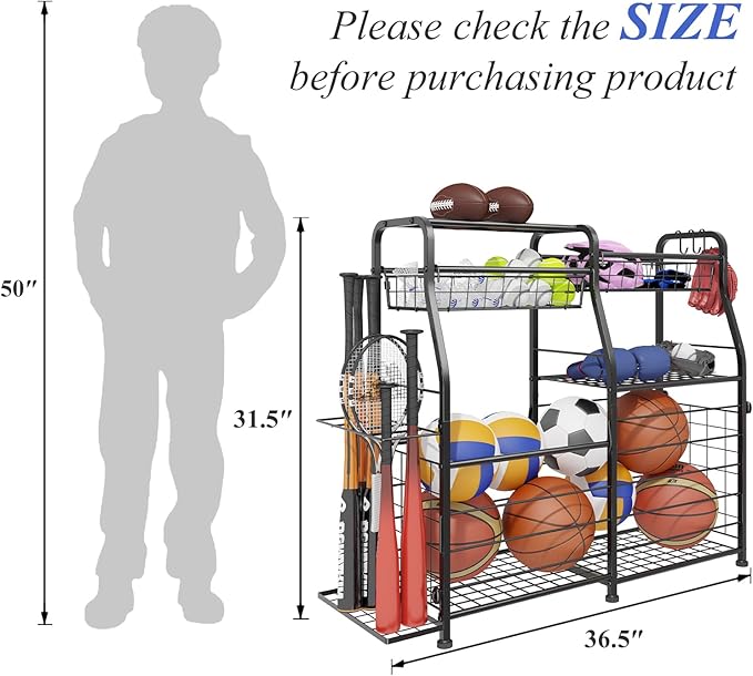 Garage Sports Equipment Organizer - Ball Storage Rack with Elastic Rope or Wire Mesh,Garage Organizer System with Wheels,Indoor/Outdoor Sports Rack for Sports Gear and Toys Storage,Black