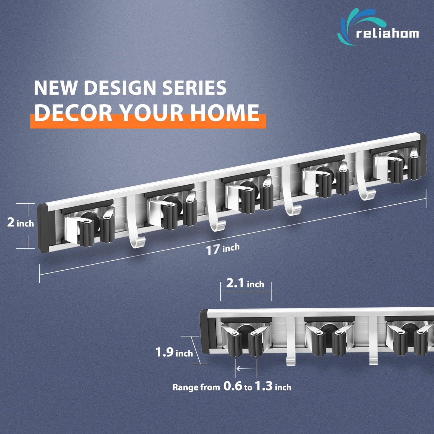 Reliahom Broom Holder Wall Mount - 2 Pack with 5 Racks & 4 Hooks | Black Mop Storage Organizer for Garage, Kitchen, Garden, Laundry Room