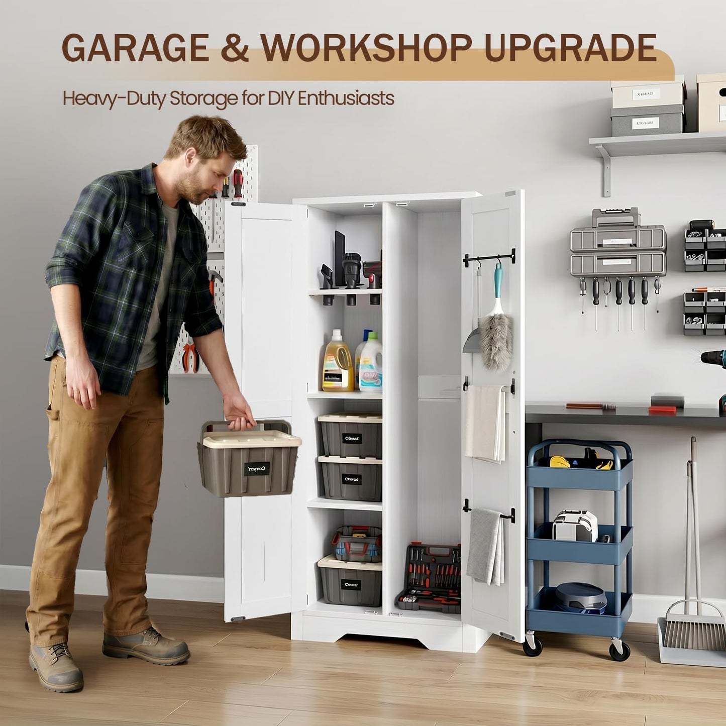 NORTHSKY Wooden Storage Cabinet, Broom Closet & Vacuum Cleaner Storage Compatible with Dyson Vacuum, Utility Cabinet for Brooms and Mops, Cleaning Tool Cabinet w/Doors for Garage, Office, Home (White)