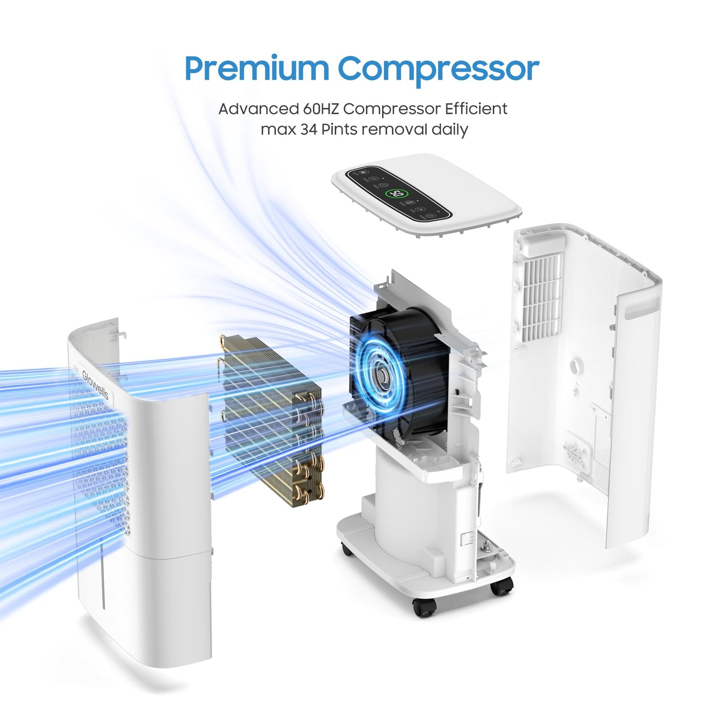 2500 Sq.Ft Dehumidifier for Basement with Drain Hose, Glowells 34 Pints Dehumidifiers for Home, Bathroom, Bedroom Large Room, RV, Three Modes, Quiet with Smart Compressor, Dry Clothes, 24H Timer
