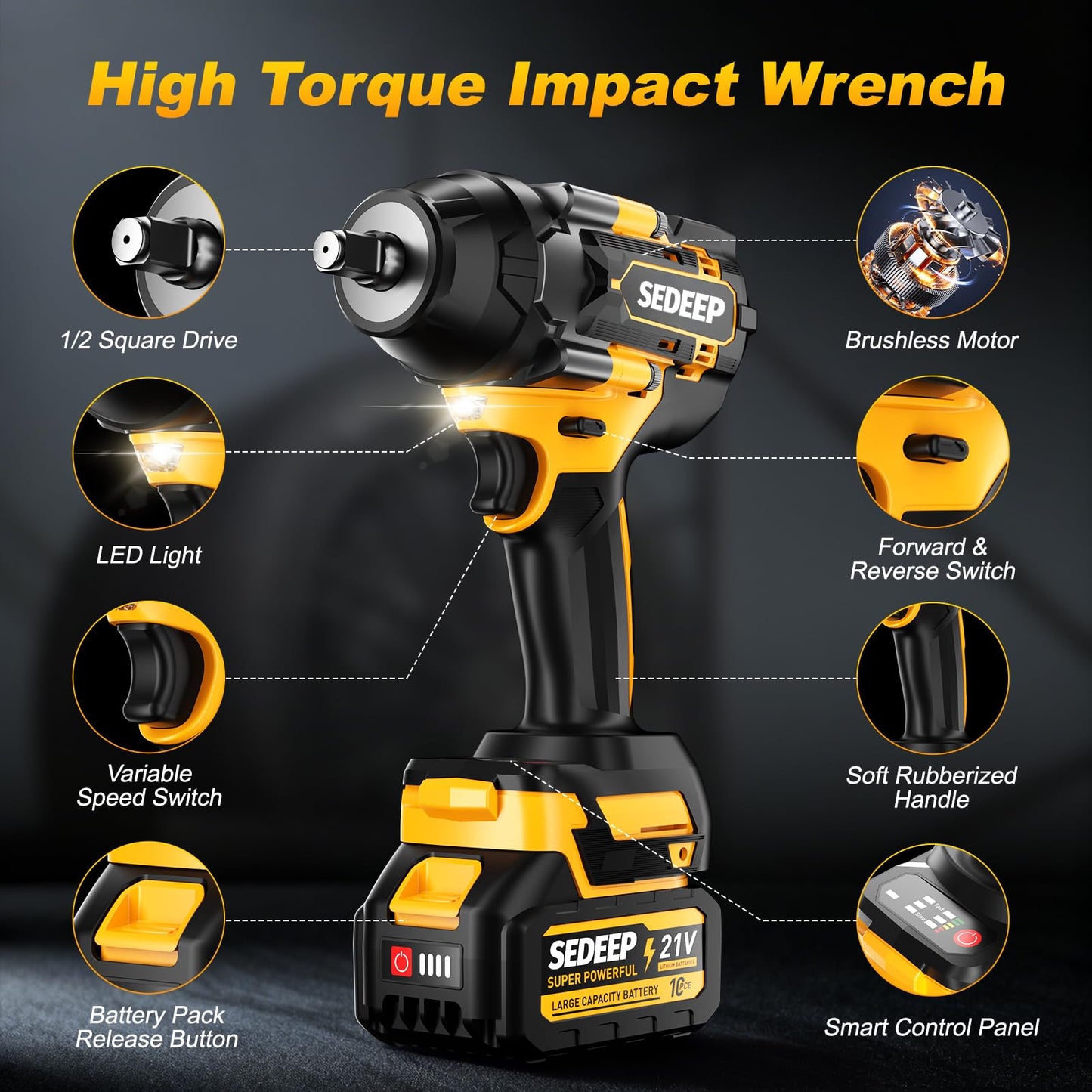 SEDEEP Impact Wrench 1/2 Inch, High Torque Impact Gun with 1500N·m(1100 Ft-lbs), 21V Brushless Electric Impact Wrench with 2*40Ah Battery, 3-Speed, LED Light, 5 Sockets for Car/Mower/Pickup/Truck RV