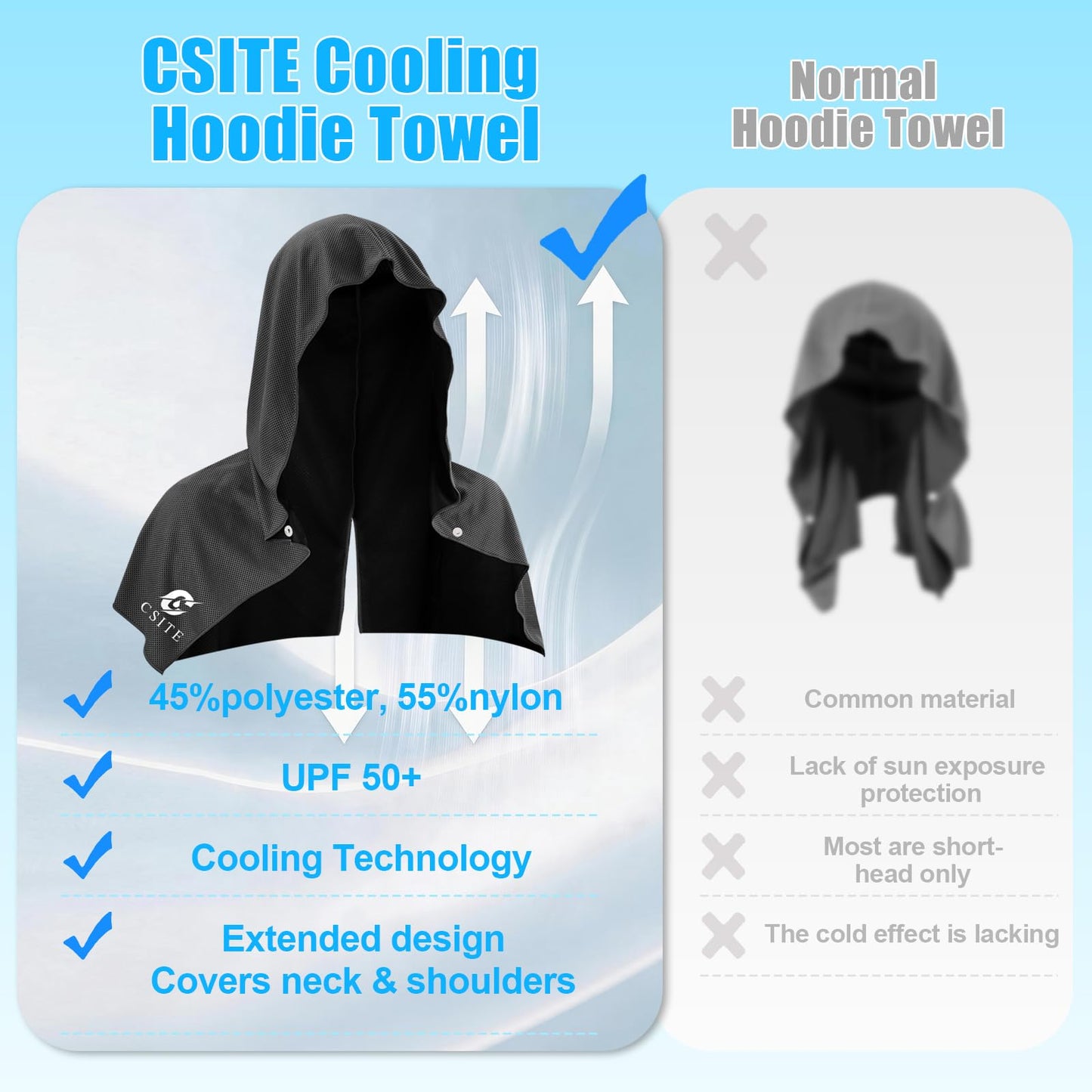 CSITE Cooling Hoodie Towels for Neck and Face, UPF 50 Sun Protection & Instant Cooling, Ice Towels for Hot Weather, Soft Breathable Towel for Sport, Work Out, Gym, Camping & More Activities(Black)