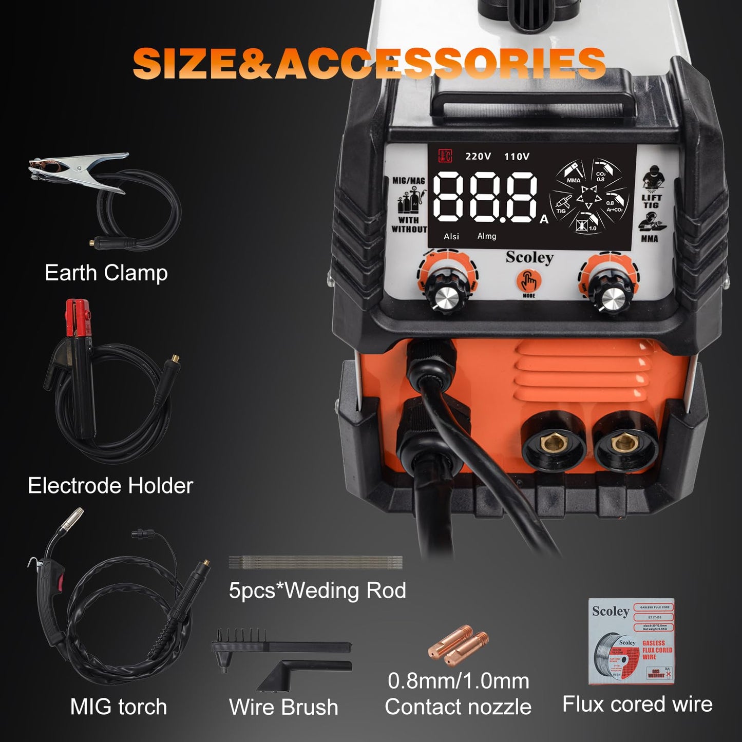 Scoley 5-in-1 MIG Welder 110V/220V, 180A Aluminum Welder/Gas MIG/Flux Core Welder/Lift TIG/Stick Welding Machine with IGBT Inverter Synergic Control, Large Digital Display, Welding Gloves & Mask