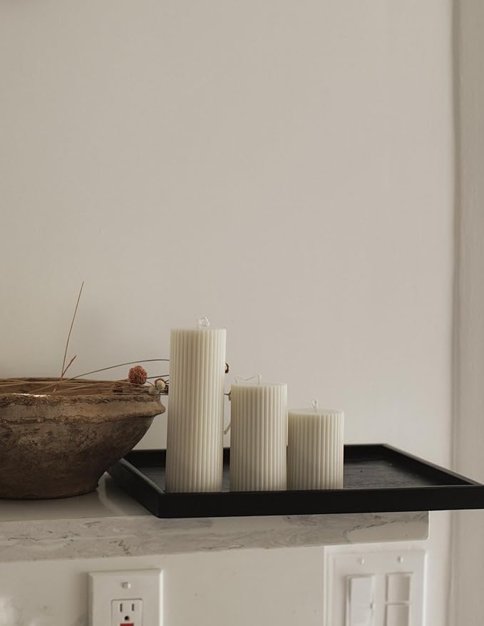 LAWA Roman Handmade Tall Ribbed Pillar Candle - Beautiful Scented Soy Wax Stripped Dinner Candle | Classic Aesthetic Decoration Set | Housewarming Gift | Home Room Shelf Decor Idea - White (Set of 3)