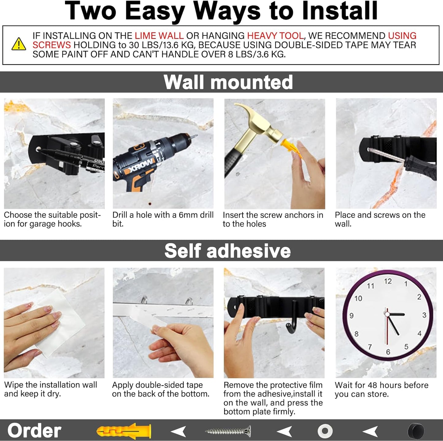 Skiennix Mop and Broom Holder - Heavy Duty Wall Mount Organizer with 5 Racks & 4 Hooks | Non-Slip, Self-Adhesive