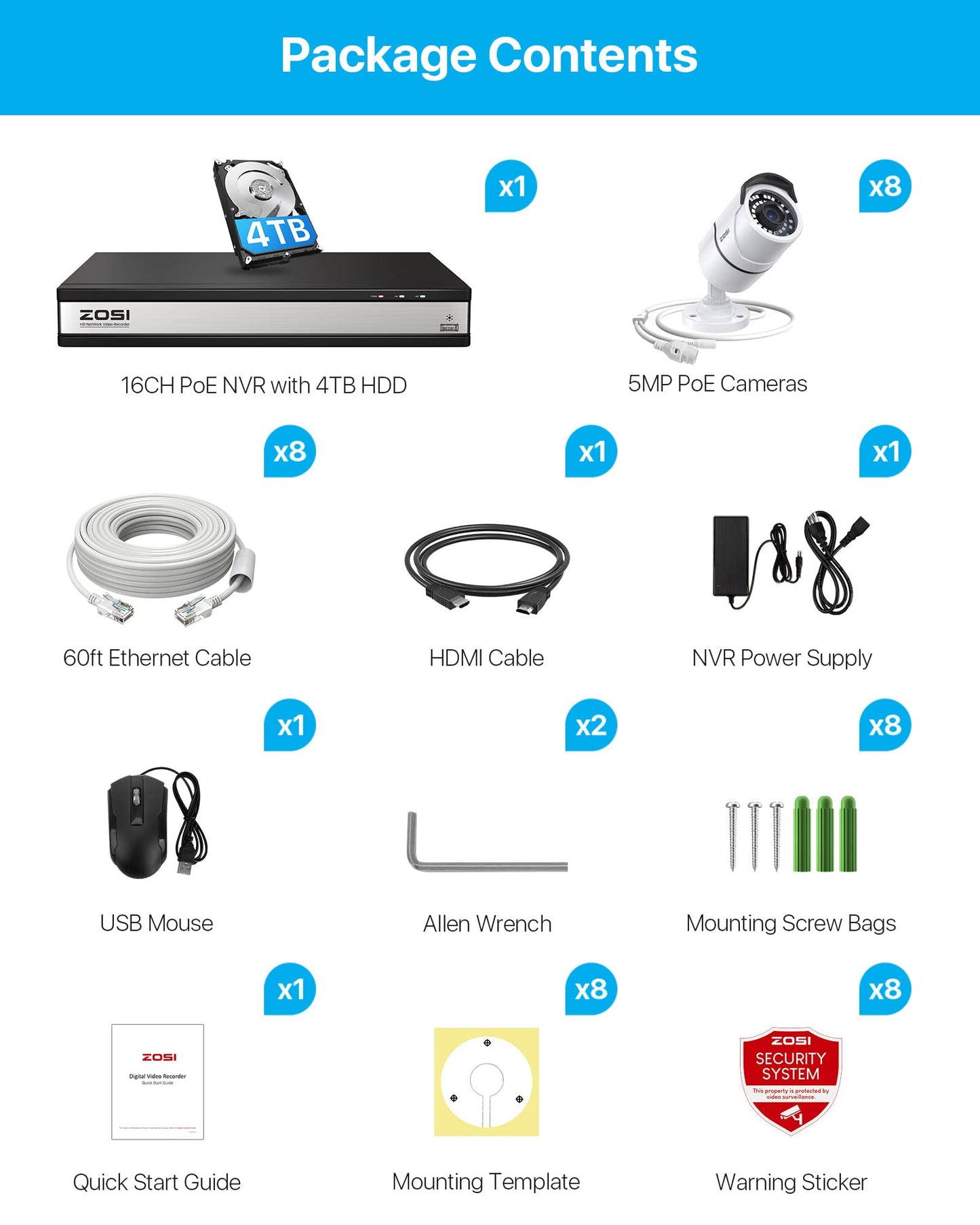 ZOSI 16CH 4K PoE Security Cameras System,4K 8MP 16 Channel H.265 NVR with 4TB Hard Drive and 8pcs 5MP Indoor Outdoor PoE IP Cameras,120ft Night Vision,Remote Access for Home Business 24/7 Recording