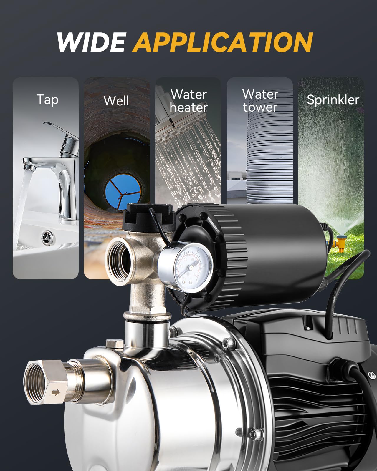 Hanchen 3/4 HP Shallow Well Pump with Pressure Tank, Automatic Booster System, Self-Priming Stainless Steel Jet Pump with Water Flow Switch Water Pressure Switch