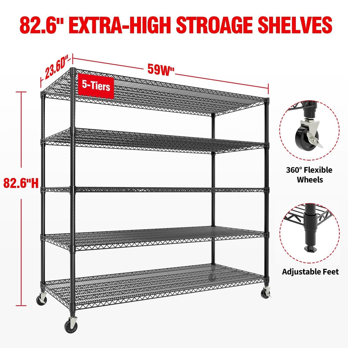 GarveeTech 5-Tier Wire Storage Shelves with Wheels, 3300LBS Heavy Duty Metal Shelving Unit with Adjustable Storage Shelves for Home, Pantry & Warehouse, Easy Assembly, 82.6" H x 59W x 23.6" D