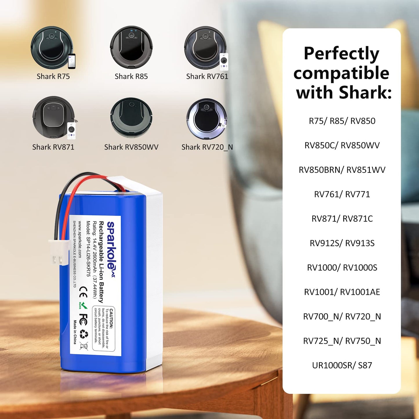 Replacement RVBAT850 Battery for Shark Ion R75, R85, RV850, RV850C, AV751, AV752, AV753, RV761, RV871, RV912S, RV720_N, RV700_N, RV1001AE, RV850WV Vacuum Cleaners, 2600mAh, 14.4v Li-ion