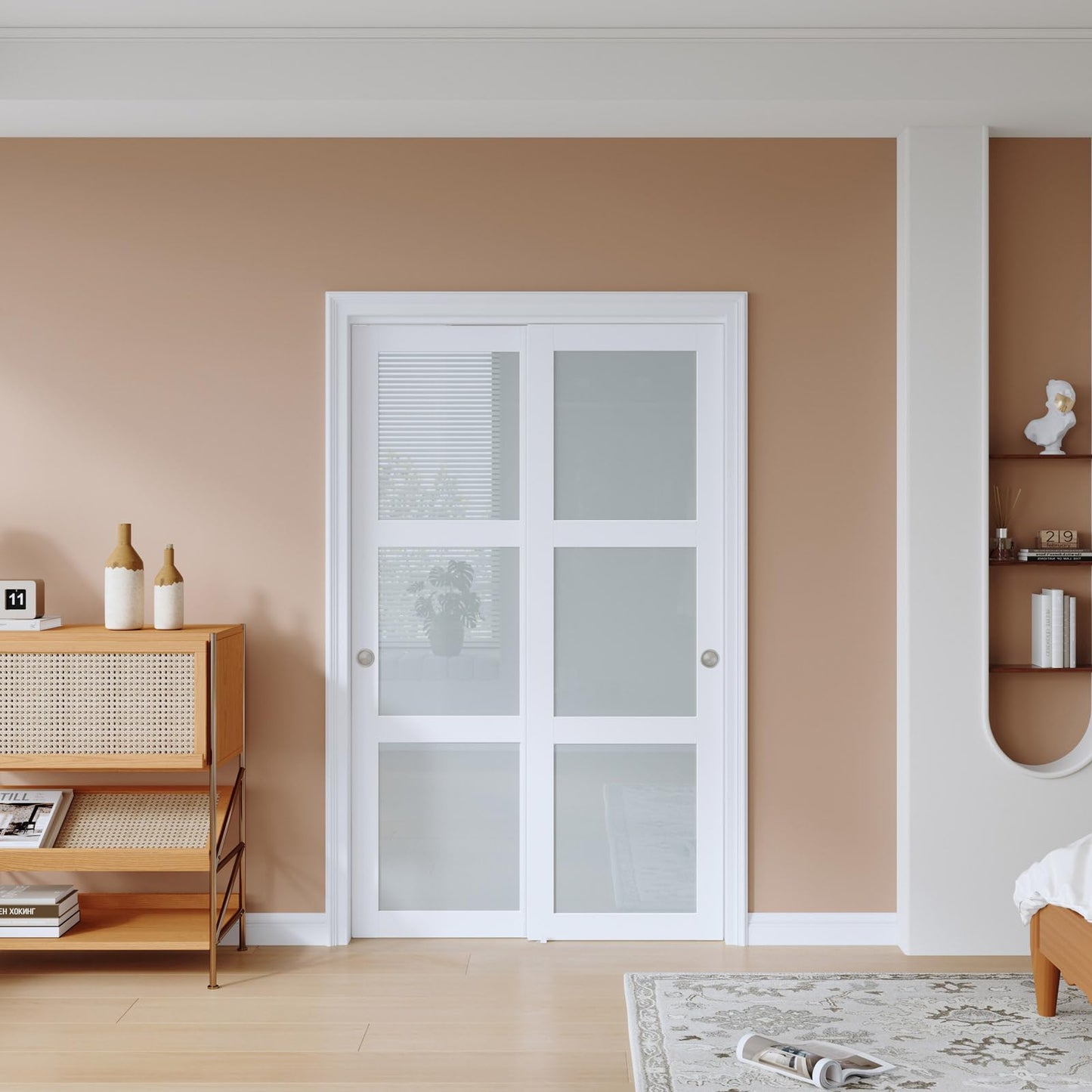 EaseLife 48x80 in (Double 25in) Sliding Closet Door for Bedroom, 3-Lite Frosted Glass Sliding Door with Hardware Track Kit & Floor Guide, Preassembled Door Panel, MDF White Pocket Doors