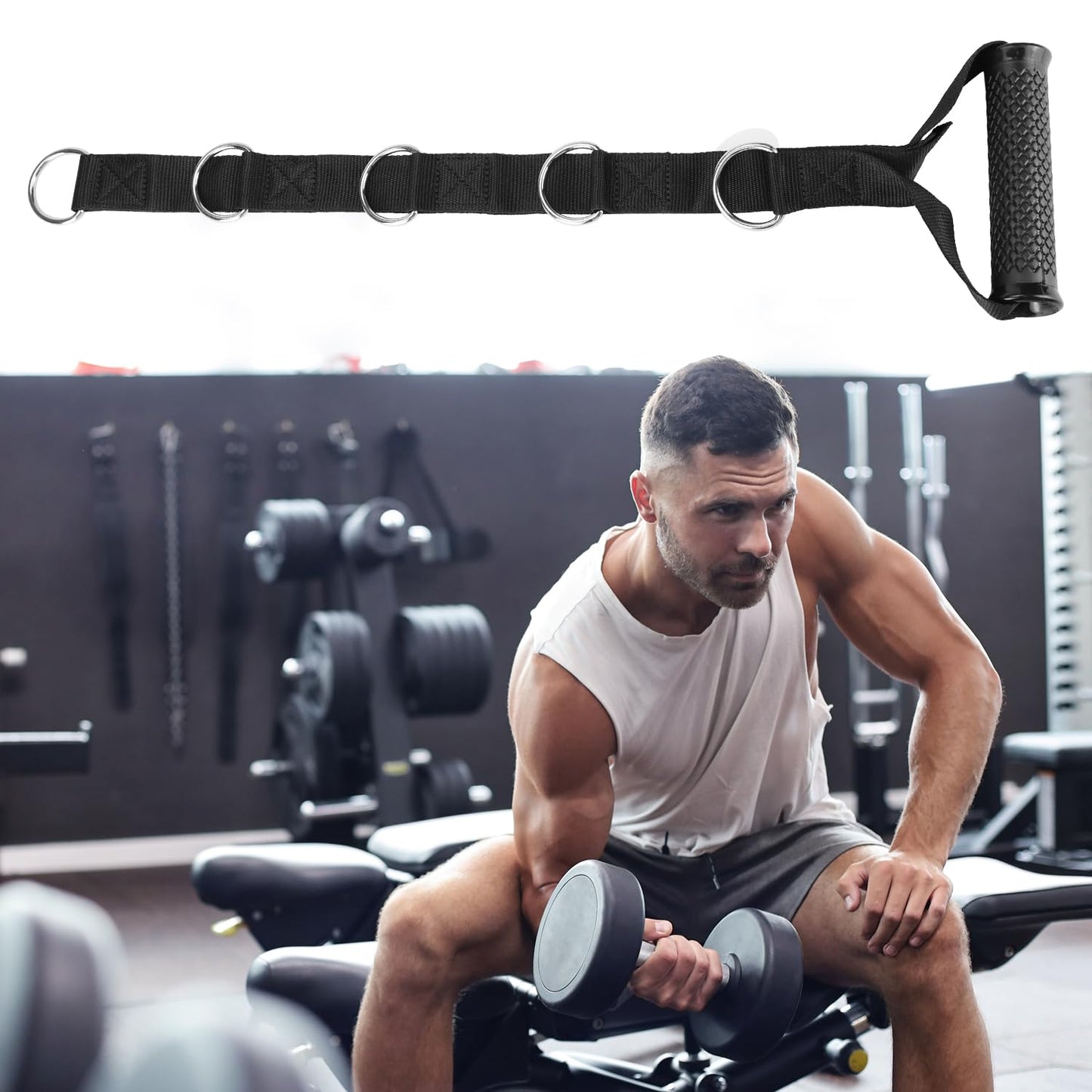 QWORK Fitness Metal Gym Handles with 5 Adjustable D-Ring Buckles - Heavy-Duty Handles for Pulley Systems, Pull-Down, Shoulder, Biceps, Triceps Exercises