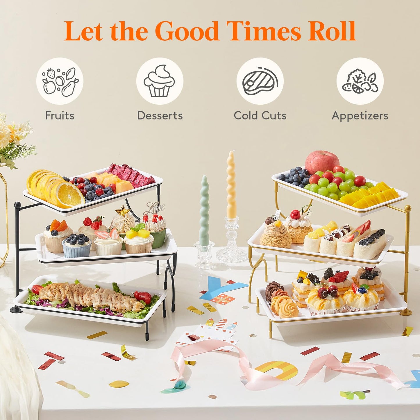 Lifewit 3 Tier Serving Tray for Party, 30 x 17 cm/12 x 6.5 Plastic Serving Platters, White Rotating Tiered Tray with Gold Collapsible Metal Stand, Decorative Dessert Table Display Set for Buffet