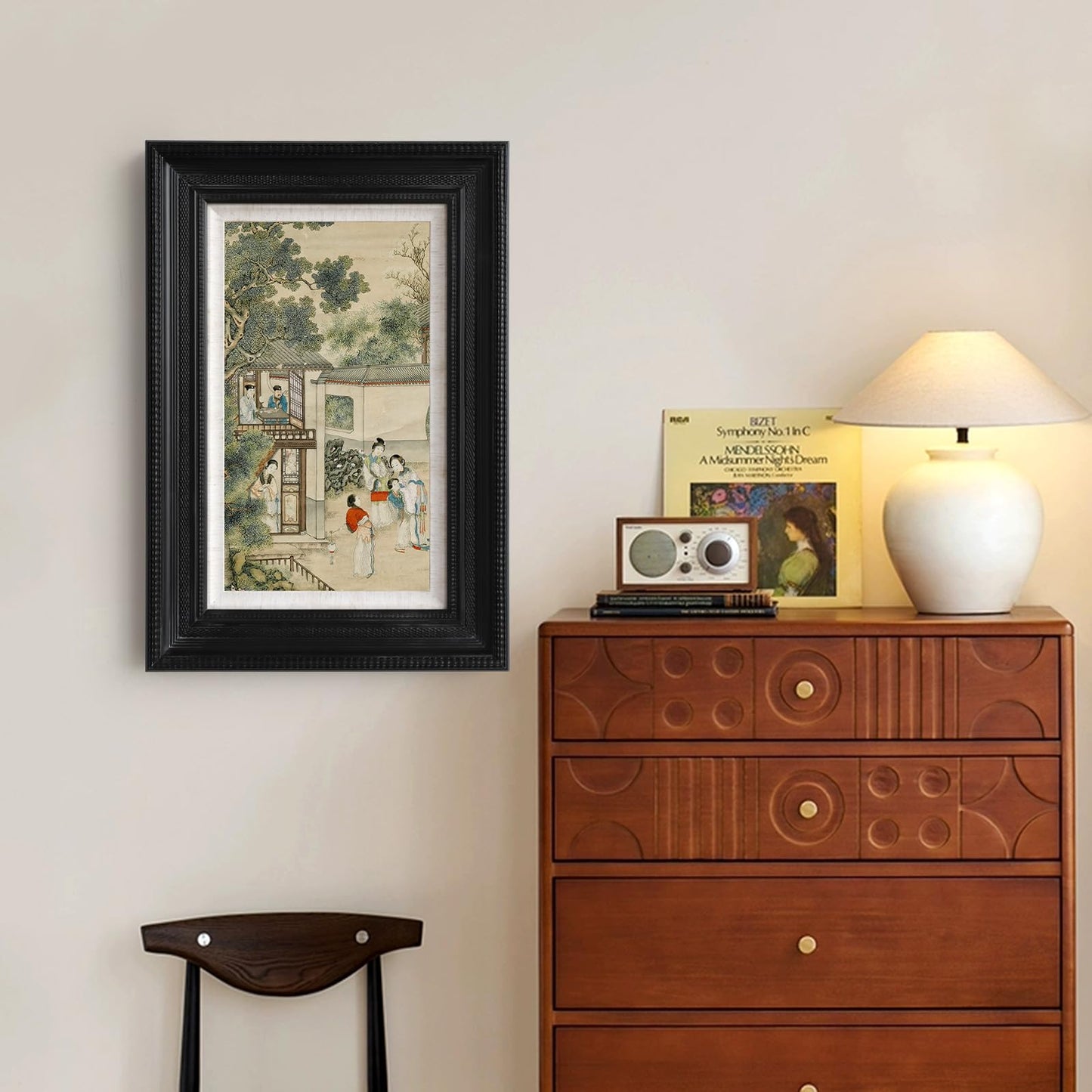 SoochART Black solid wood embossed frame, wall art oil painting style print,Japanese-style decorative painting of a Chinese woman in a landscape