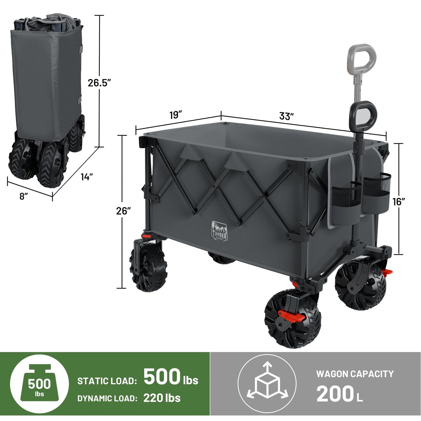 Timber Ridge Outdoor Collapsible Wagon with Brakes Utility Folding Cart Heavy Duty All Terrain Wheels for Shopping Camping Garden with Side Bag and Cup Holders, Grey