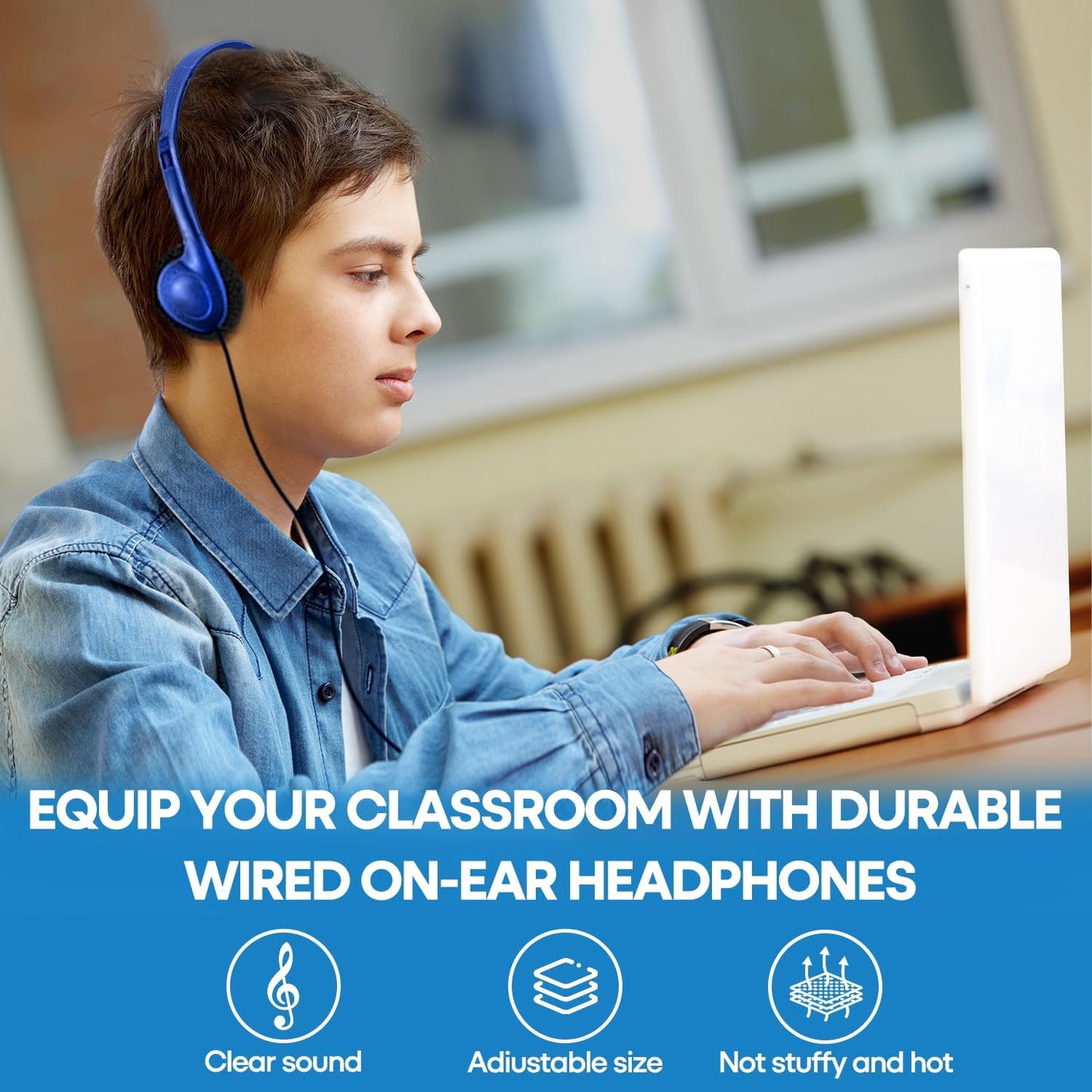 12 Pack Set 3.5mm 12 Pack) Classroom Headphones Bulk Class for School Students Kids and Adult -Sturdy Wired Plug (Blue
