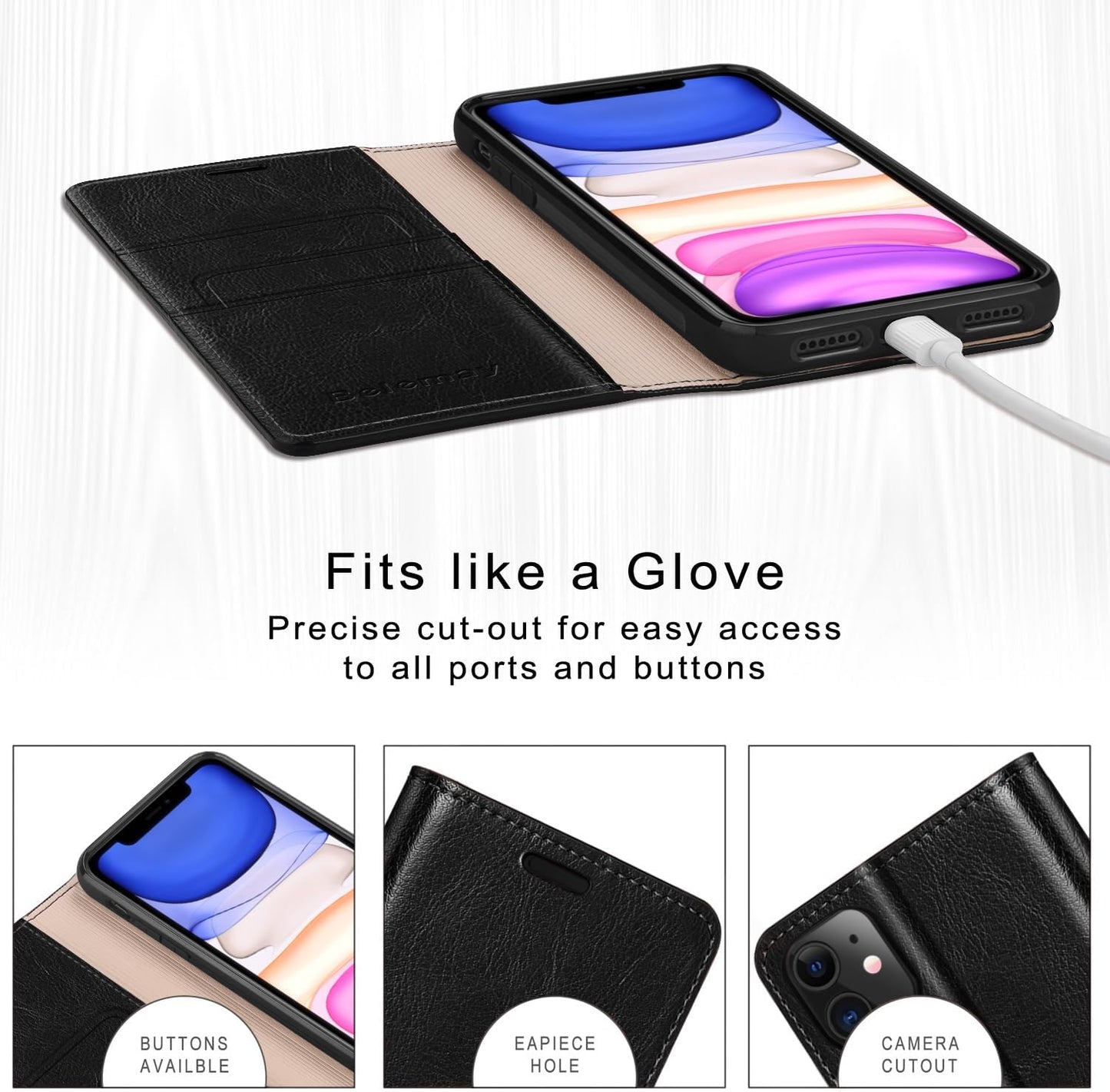 Belemay 15 (6.1-inch) Case Compatible with iPhone Wallet Case-Genuine Leather-RFID Blocking Card Holders-Shockproof TPU