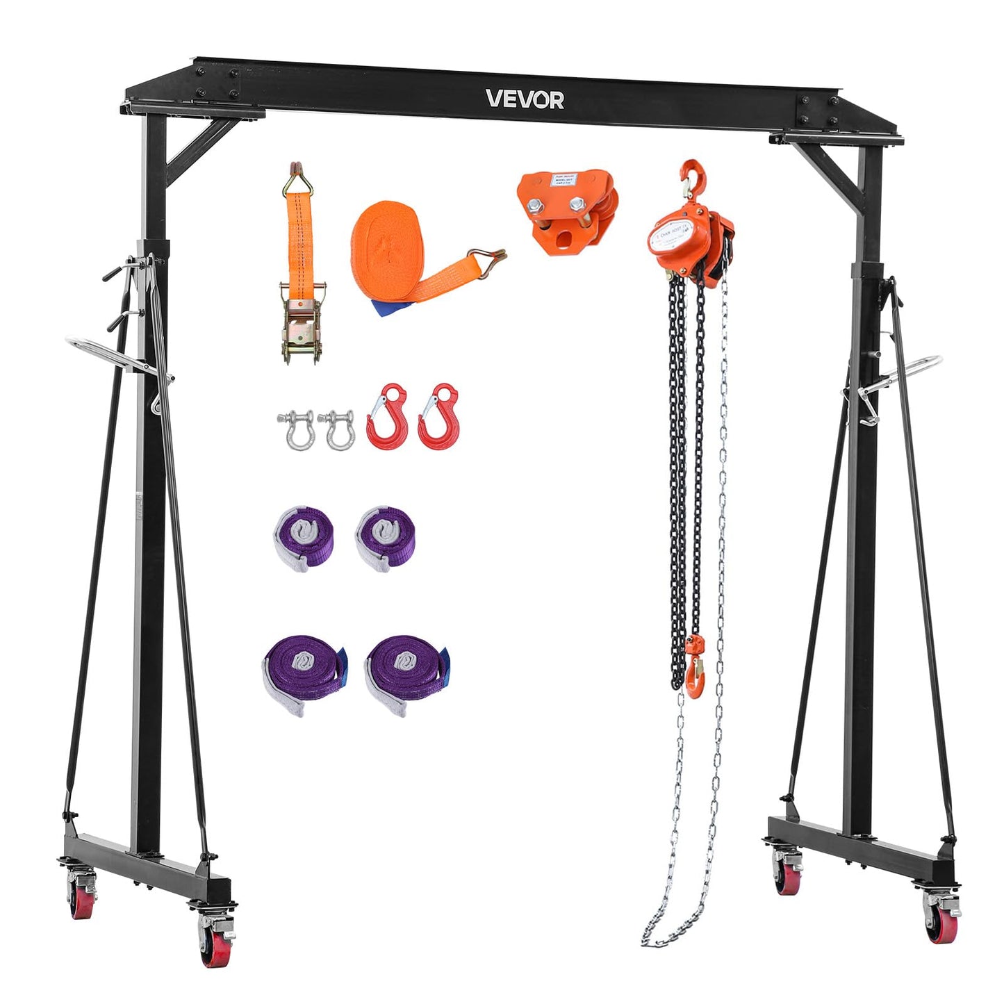 VEVOR Adjustable Gantry Crane, 2200 lbs Capacity, Portable Shop Lift Hoist with 95.7-142.9 in Height Adjustable, Manual Trolley, Hoist, Sling, Shackles, Hooks, for Garage Factory Warehouse Auto Repair