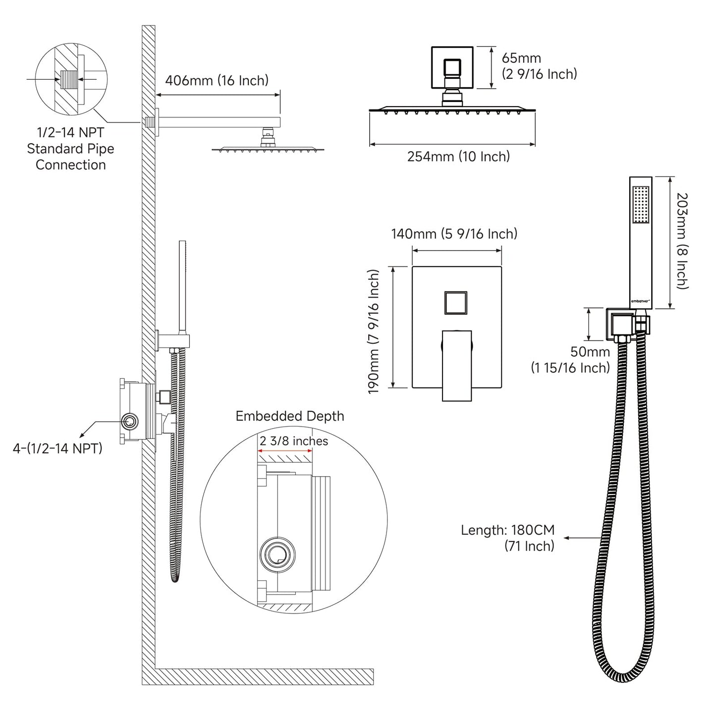 Black Shower System Sets Faucet: EMBATHER 10 Inch Overhead Rainhead Shower Combo Set with Handheld and Valve-Luxury Rain Mixer Rainfall Black Shower Faucets Sets Complete