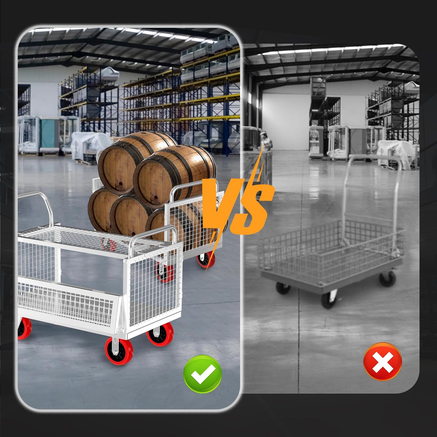 5IN1 Heavy Duty Platform Truck with Cage 40x24 Hand Truck,1800lbs Capacity Basket Cart w/Wheels, Multi-Functional Push Dolly w/6” Swivel Casters, Versatile Flatbed Cart