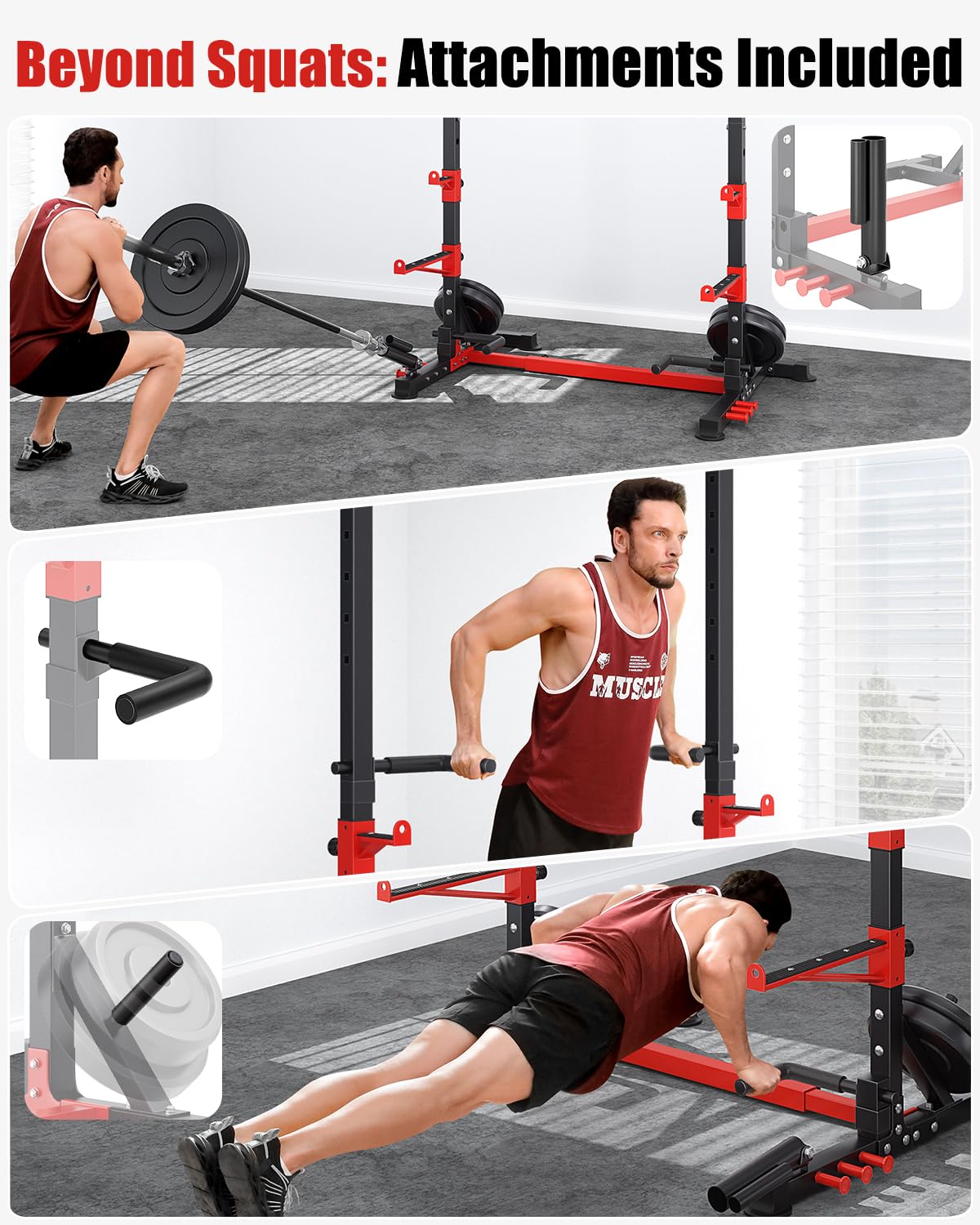 YOLEO Squat Rack with Adjustable Pull-Up Bar & Extended Safety Arms, Multi-Functional Power Racks Squat Stand for Home Gym, Garage & Basement, 35"-67" Width, Fixed 83” Frame Height, Pull-Up Bar Height 71.5"-80.5", Fits 6FT & 7FT Barbells