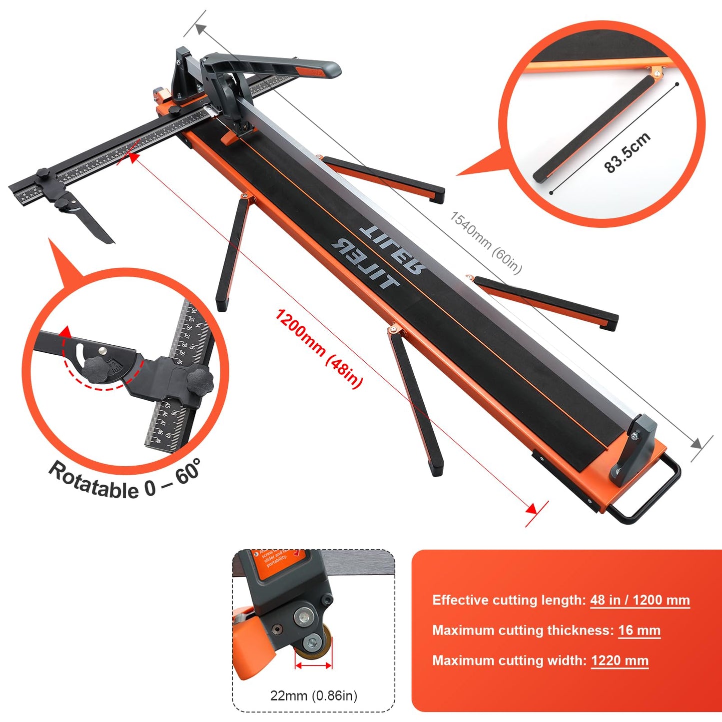 48 Inch Tile Cutter for Ceramic Cutting, Heavy Duty Manual Tile Cutter for Cutting Various Tiles Up to 16mm Thick with 4 Brackets
