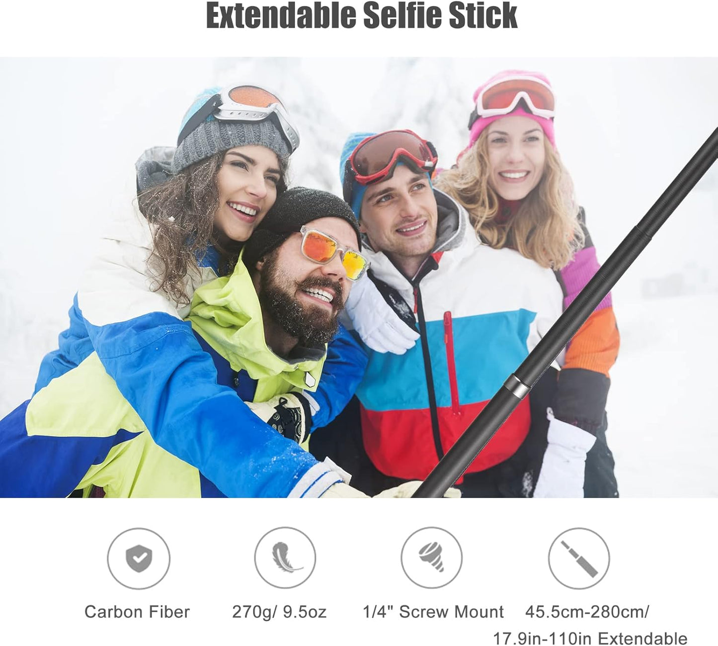 Camnoon 1/4 Inch 45.5cm-280cm/ 17.9in-110in Insta360 X2/ X3 Portable Selfie Stick Carbon Fiber Stand Camera Bracket