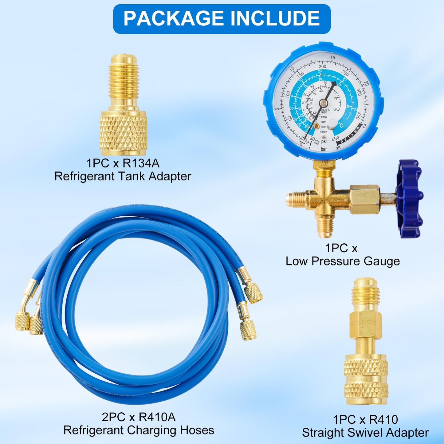 R410A Recharge Kit AC Charging Hose, R410A Manifold Gauge Set with R410A Mini Split Adapter 1/4 x 5/16, R134A Tank Adapter 1/4 SAE X 1/2, Low Pressure Manifold Gauge Hose 59ββ