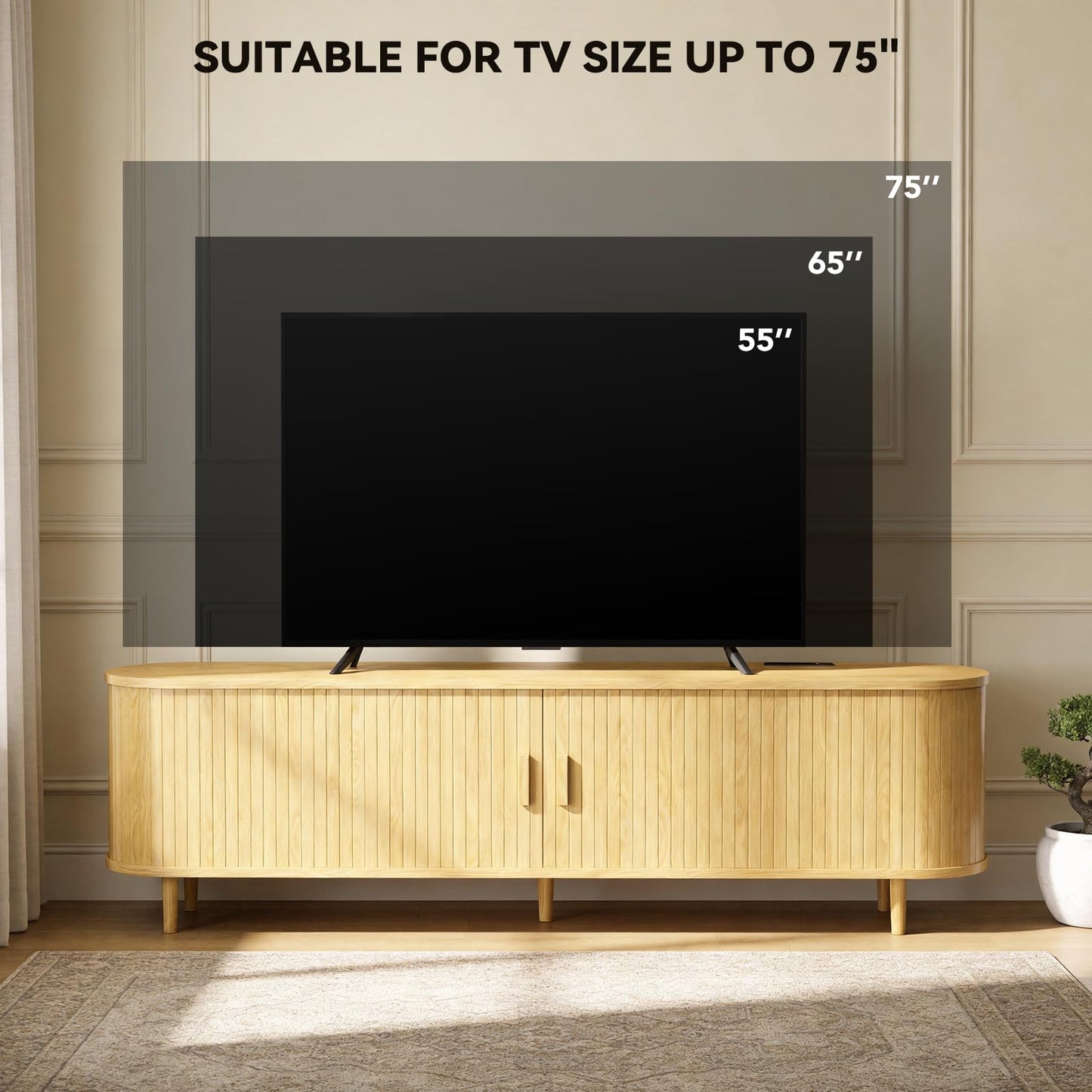 OneBlis 65" Mid Century Modern TV Stand with Power Outlet, Fluted Entertainment Center with Storage and Adjustable Shelves, Wood TV Console with Sliding Doors for Living Room, Oak