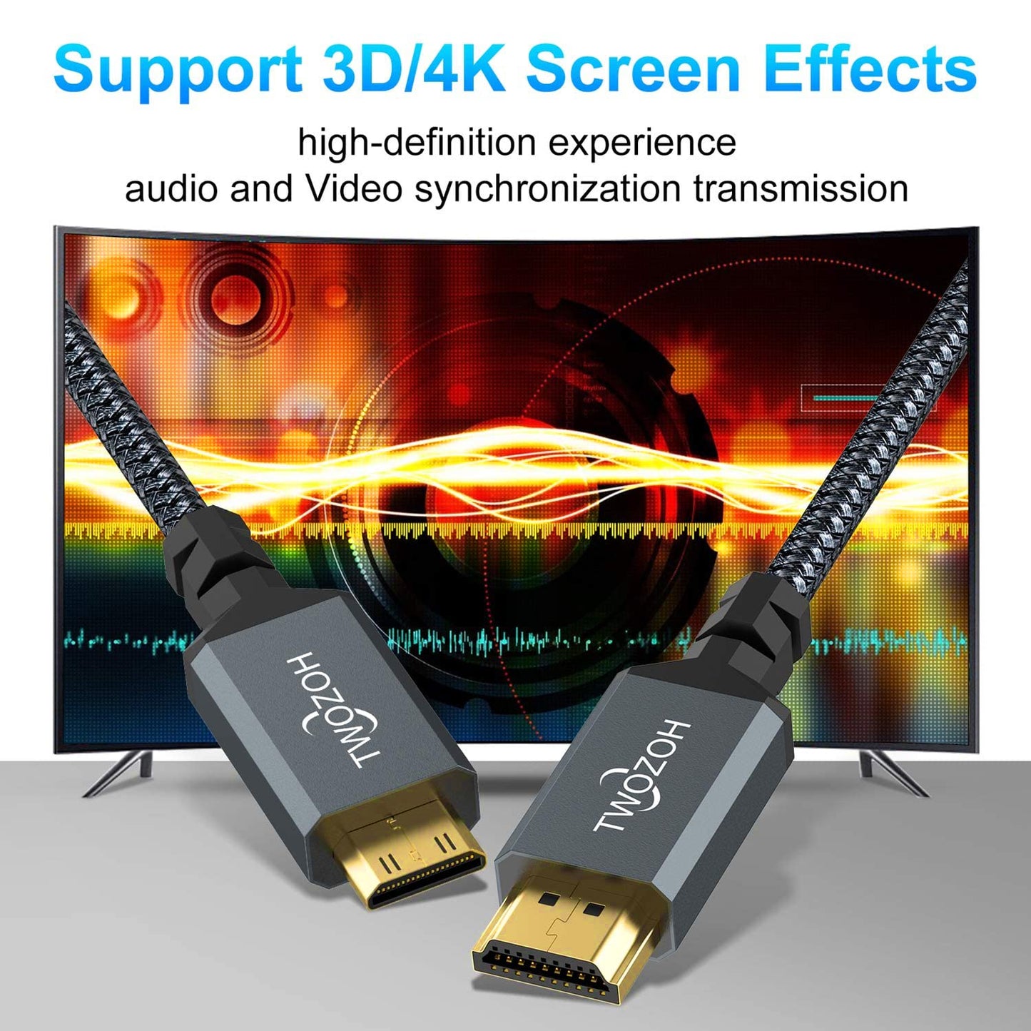 Twozoh 3.3FT, 3D 4K/60Hz 1080p 720p Mini HDMI to HDMI Cable High-Speed HDMI to Mini HDMI Braided Cord Support