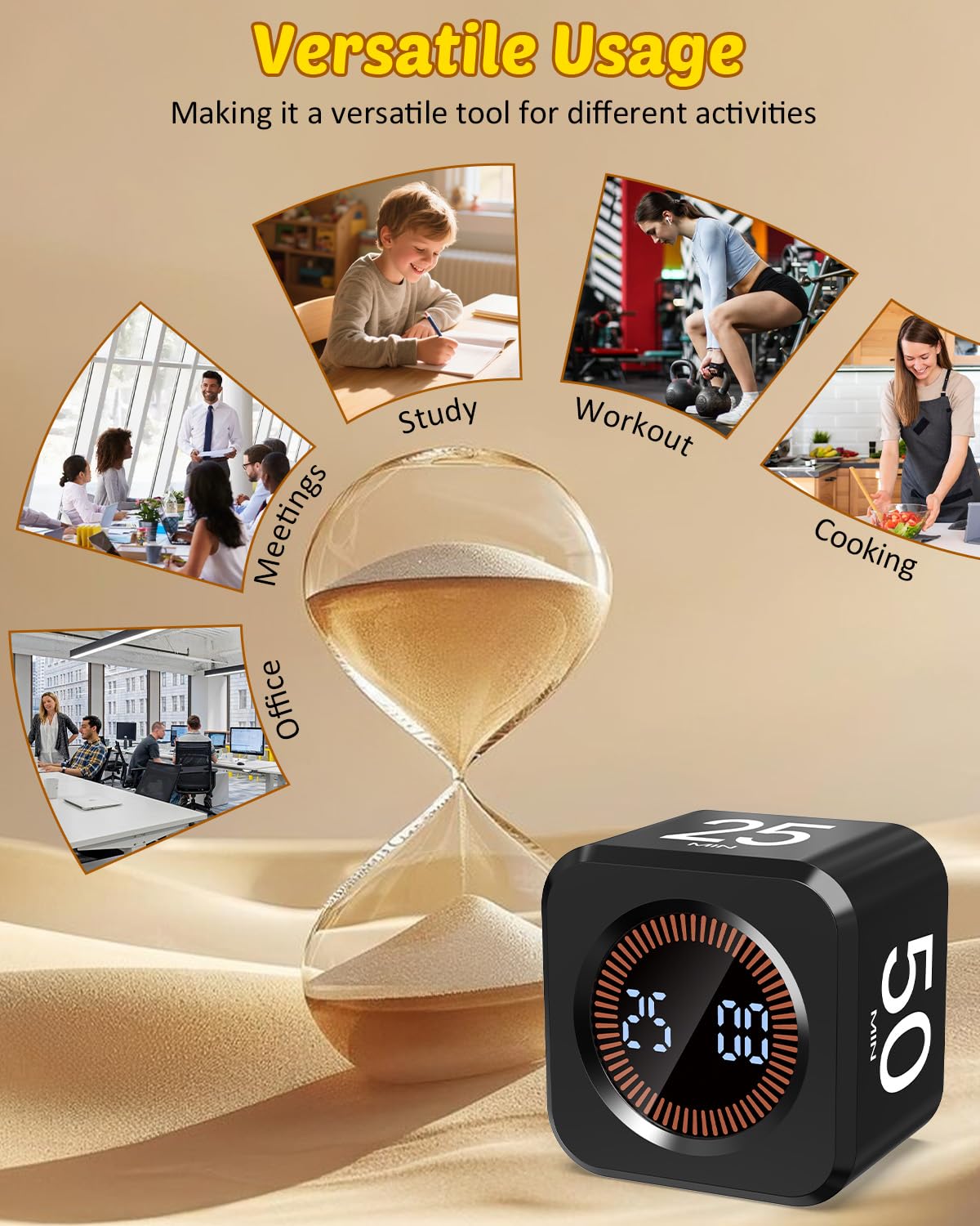 COWVTUJ Digital Pomodoro Timer Cube 5/10/25/50min, Visual Productivity Flip Timer for Kids Classroom Desk, Custom Countdown, Silent and Sound Mode for ADHD Study Work Game Kitchen (Black)
