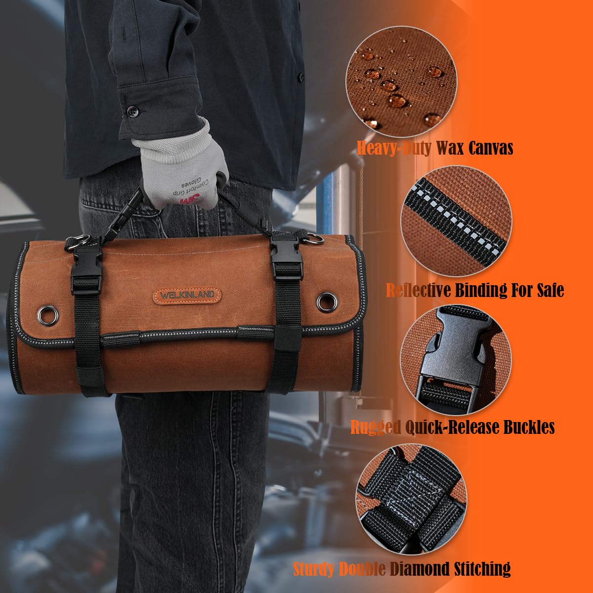 WELKINLAND Heavy-Duty Waxed Canvas Tool Roll, 7-Pockets Tool Wrap Roll, 15L Tool Roll Bag, Large Roll Up Tool Bag For Mechanics.