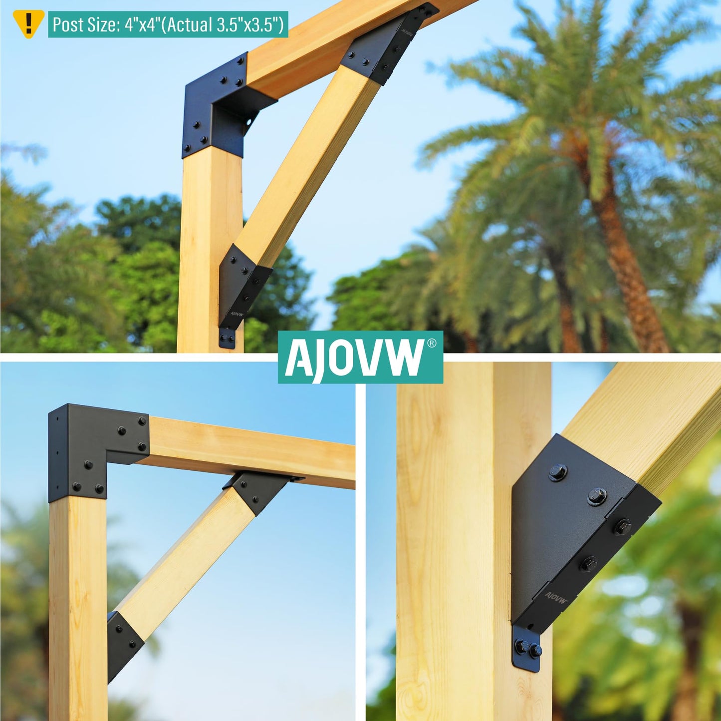 AJOVW-4 Piece 45 Degree Angle Bracket for 2'' x 4'' Supporting Wooden Post (Actual Size: 1.5'' x 3.5'') for Gazebo, Pergola, Garage, Treehouse, Deck, Stable, Shed and Other Scenes