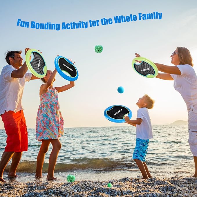 EVERICH TOY Trampoline Paddle Ball Set with 2 Bouncy Paddles & 4 Balls - Soft Foam Design for Kids Play Indoor Outdoor Beach Backyard Lawn - Great Gift Idea for Boys & Girls