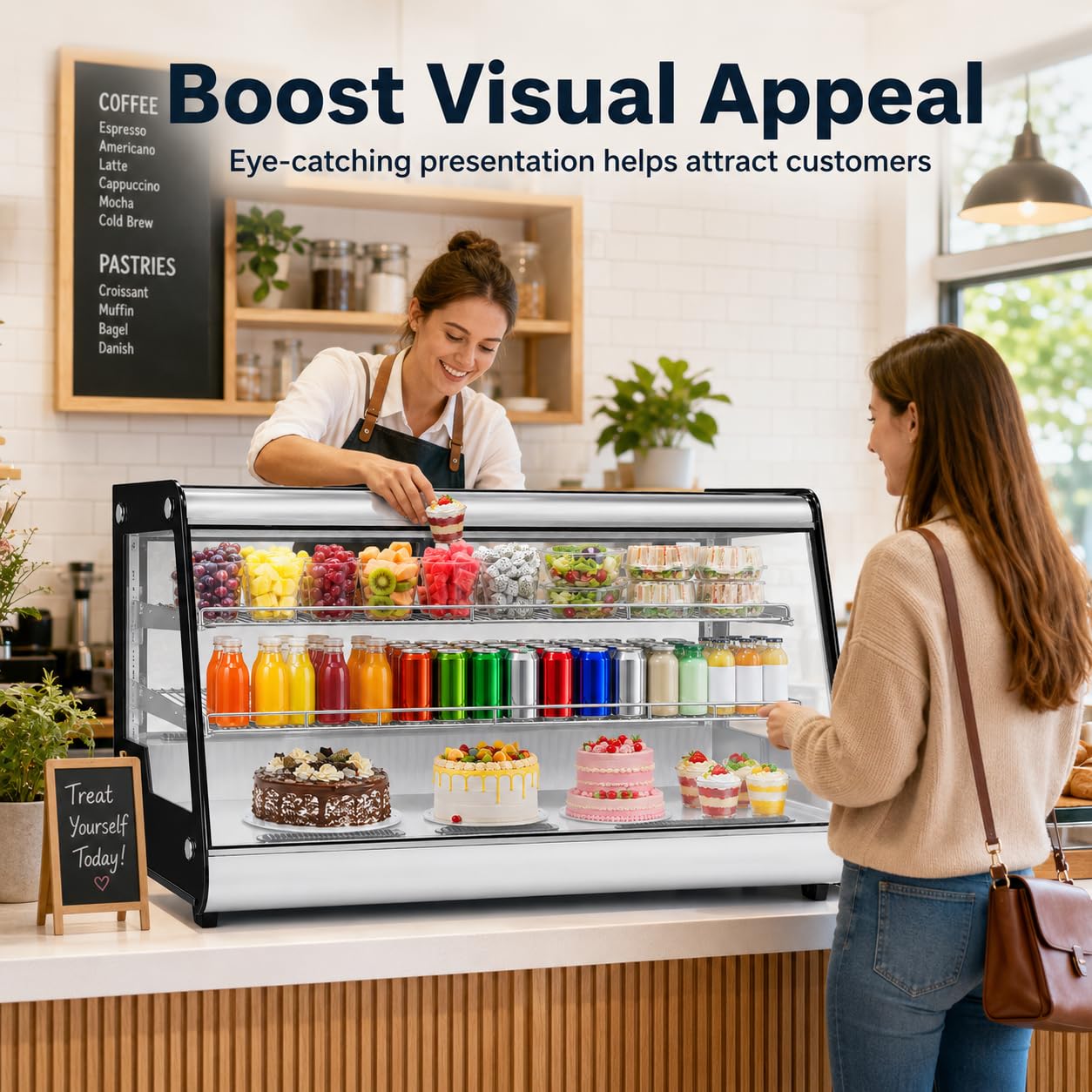 8.1 Cu.Ft Commercial Glass Door Refrigerator | Countertop Display Fridge with LED Lighting for Bakeries, Cafes, Convenience Stores | Energy Efficient, Adjustable Shelves, Auto-Closing Door