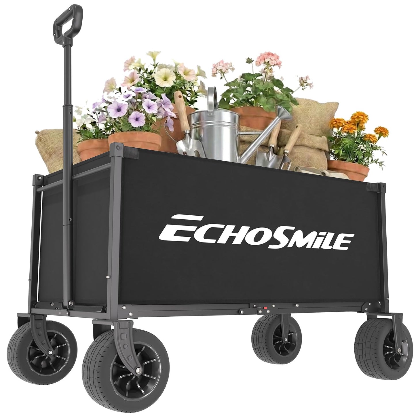 EchoSmile Collapsible Wagon Cart for Camping & Beach - Heavy Duty 400lbs Capacity All-Terrain Cart with Wide Wheels, Portable Folding Utility Wagon for Grocery, Garden, Sports,Black