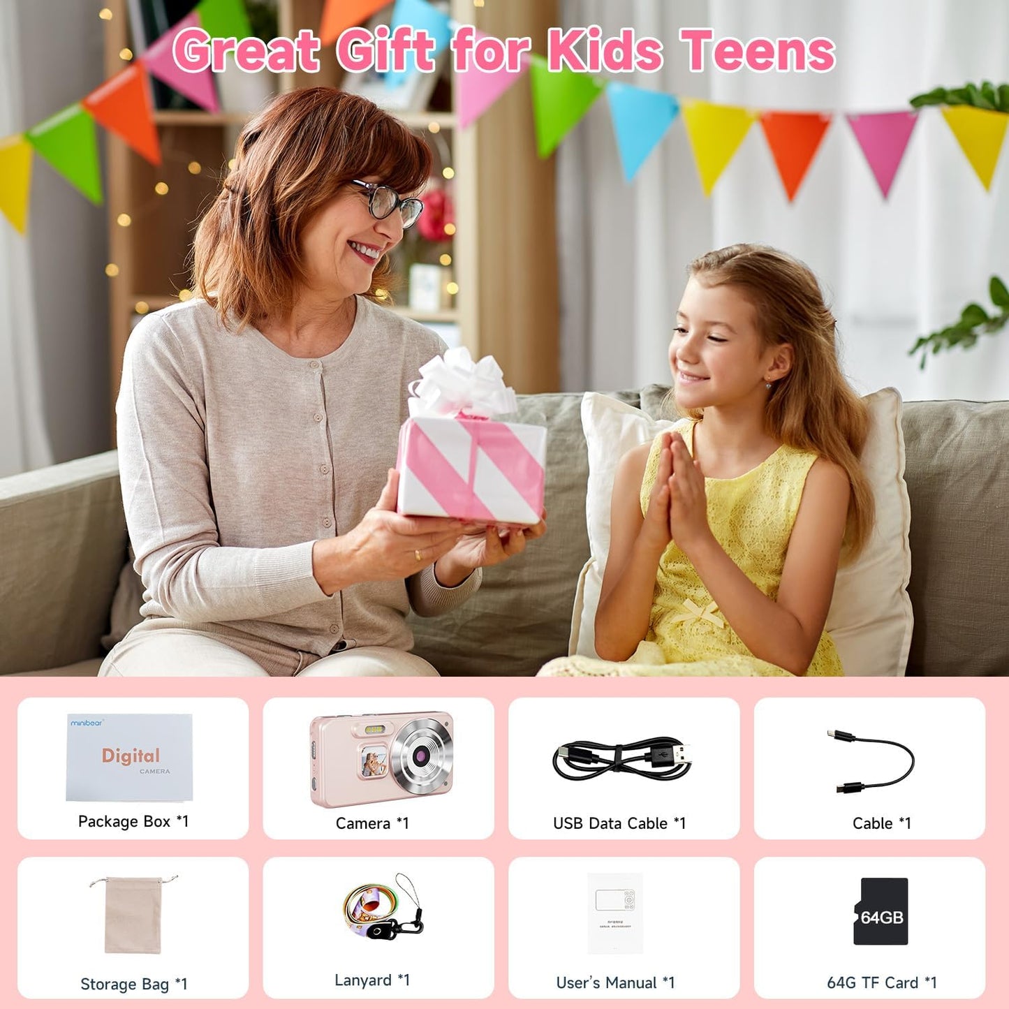 MINIBEAR 4K 64MP 64GB 18X Digital Camera, Autofocus Point and Shoot Digital Cameras for Teens with Card, Zoom