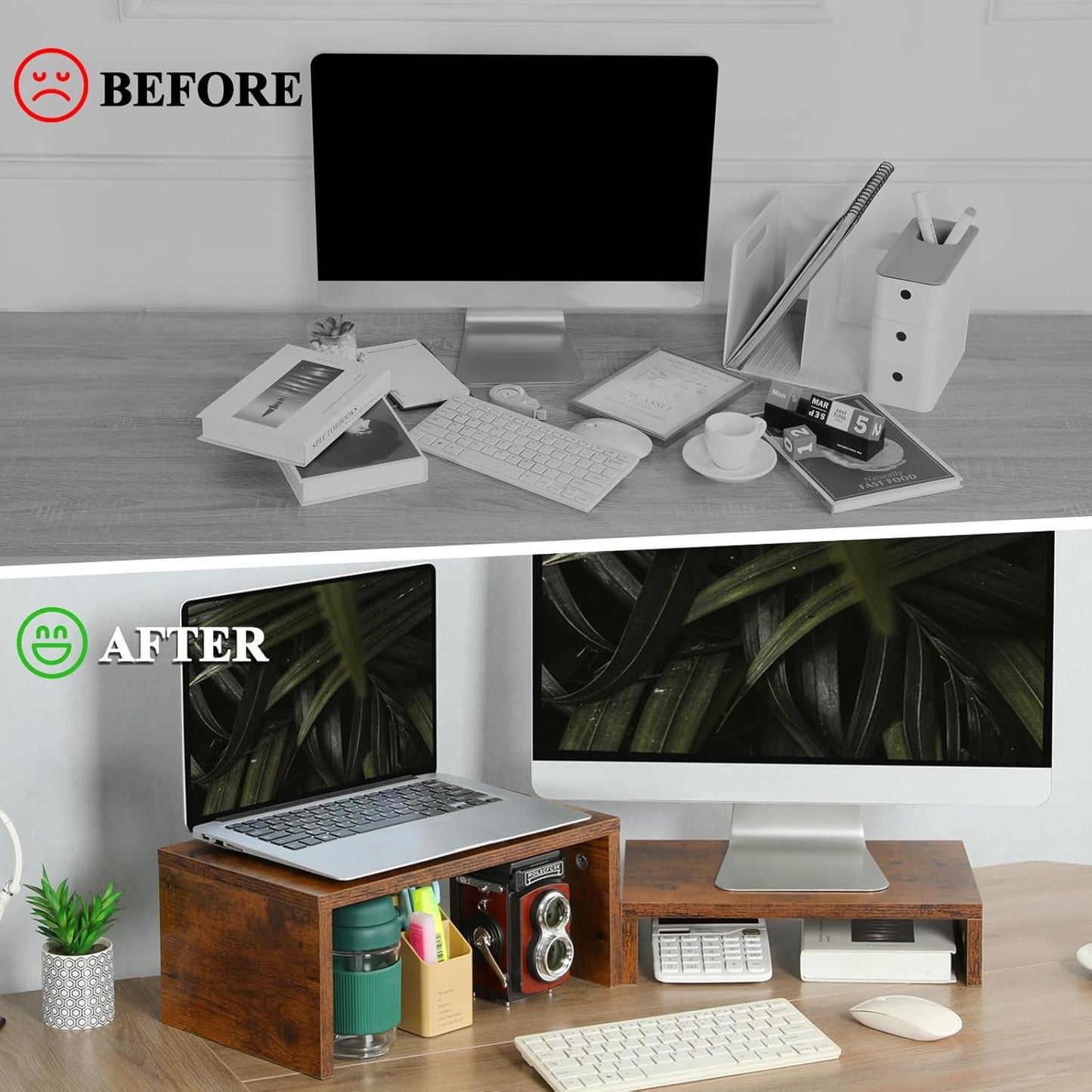 2 Pack 2 2 TEAMIX Monitor Stand Riser Rustic Brown,Wood Tier Adjustable Monitor Stand Dual Monitor Riser