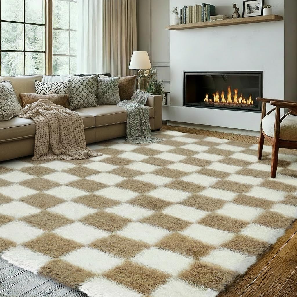 Super Soft Rug for Bedroom, 8x10 Ft Beige and White Area Rug Classic Checkered Shaggy Anti-Skid High Pile Soft Fluffy Rug Fuzzy Carpet for Living Room Bedroom Kids Room Nursery, Dorm Home Decor