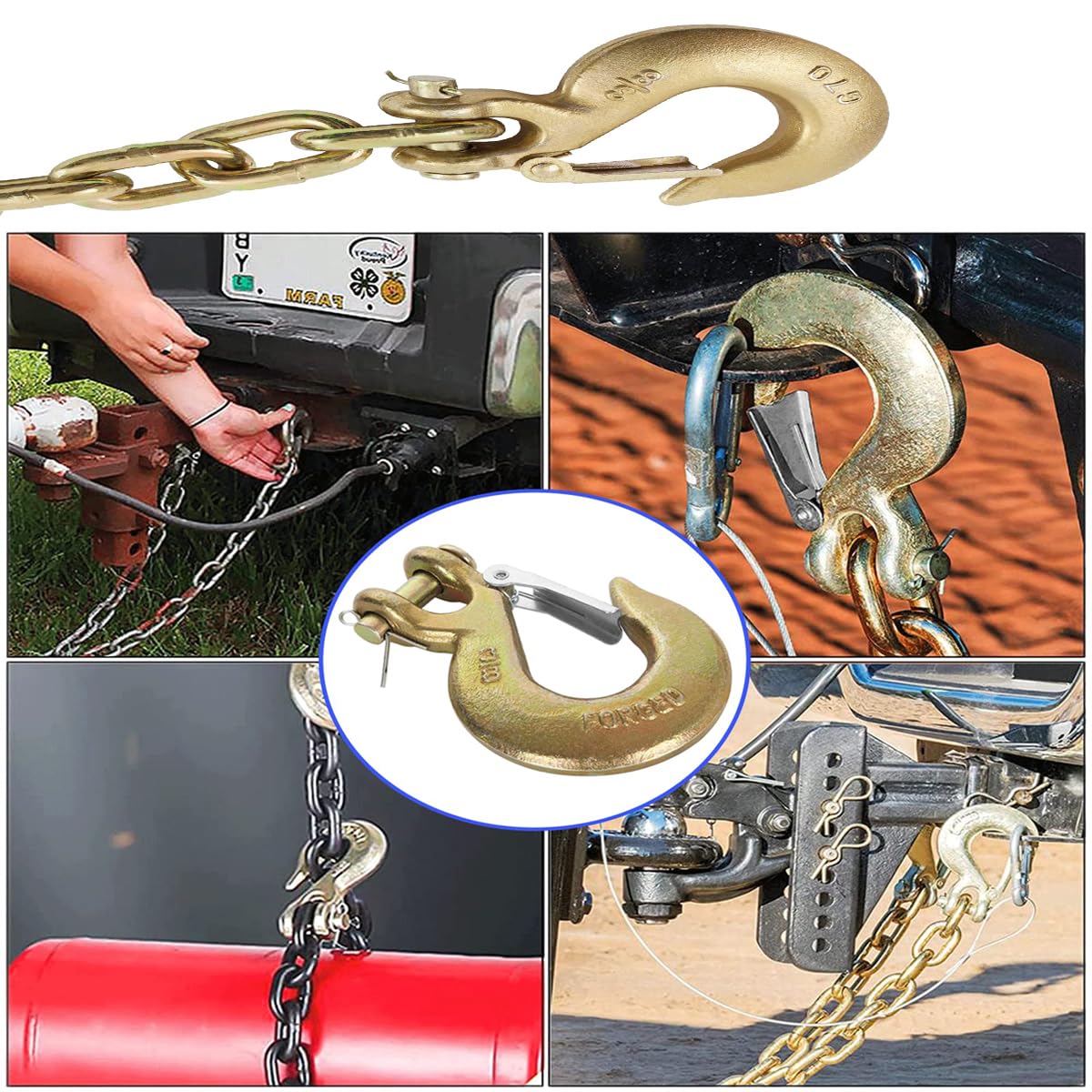 Ailengy 2 Pack Slip Hook, Heavy Duty Safety Latch Hook 3/8'', G70 Forged Steel 18,000 Lbs Capacity Tow Chain Clevis Grab Hook Working with Towing and Chain for Trailer Truck Transport Tow Chain Hook