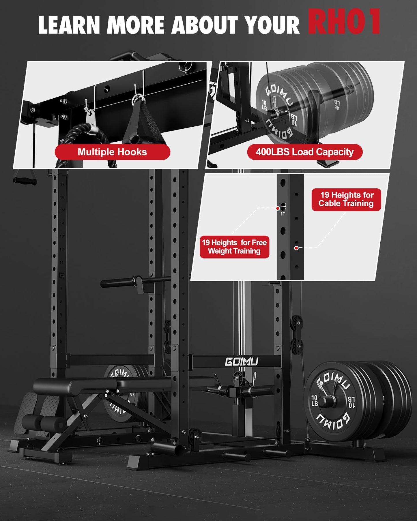 GOIMU RH01 Power Cage Rack, 2000LBS Squat Rack with with Cable Crossover System&LAT Pull Down System, Multi-Function Workout Cage for Home&Garage Gym (Black, RH01 Power Cage)