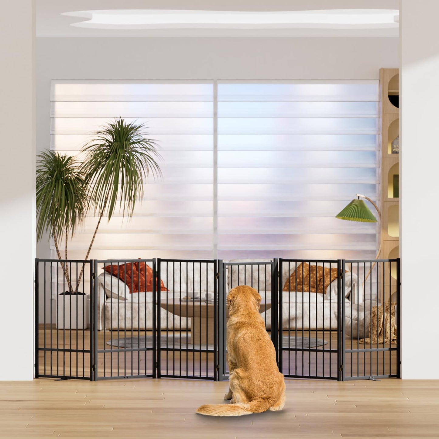 SNUOWU Full Metal Freestanding Dog Gate with Door, 36''Height Foldable Pet Dog Fence for Indoor & Outdoor, 6 Panels Extra Wide Free Standing TallDog Gates for Doorways,House,Stairs,Porch,Deck,Yard